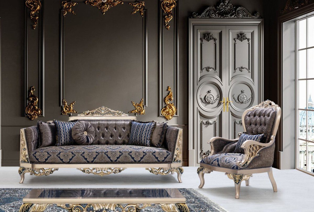 dekorativen / 110 Sofa mit Blau Silber cm Möbel 226 Casa x Barock Padrino / H. x Barock Wohnzimmer Luxus Gold 90 Kissen - Sofa