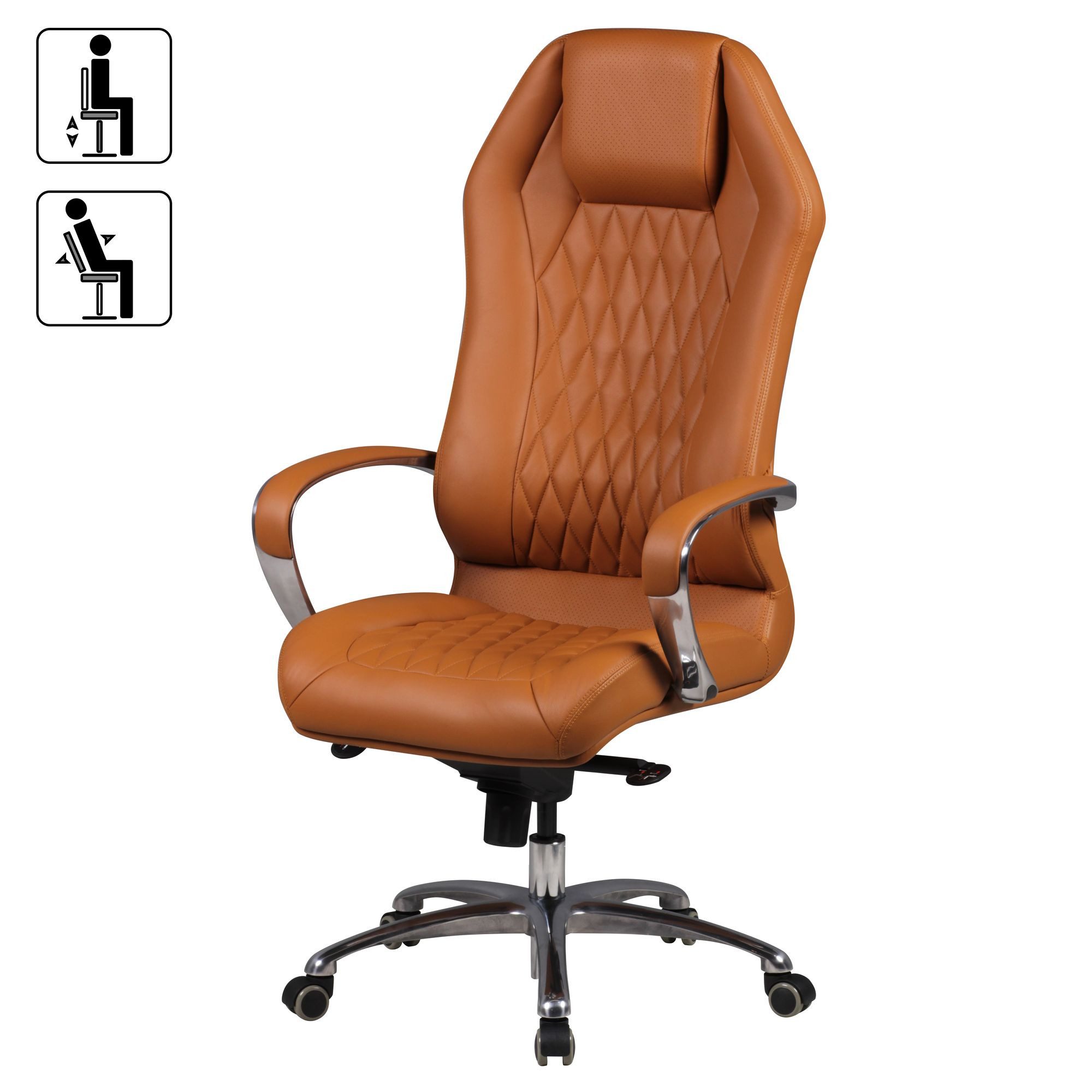 FINEBUY Chefsessel Bürostuhl MONTEREY Echtleder Schreibtischstuhl Drehstuhl (Bürostuhl MONTEREY Echtleder Caramel 120KG), Schreibtischstuhl Hohe Rückenlehne mit Kopfstütze