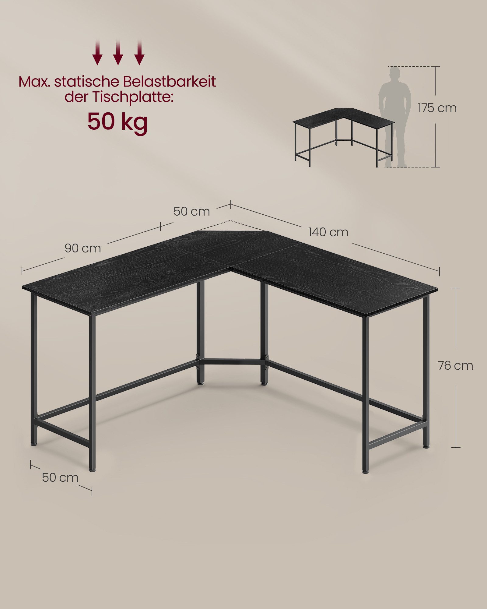 VASAGLE Schreibtisch L-förmiger Computertisch, Eckschreibtisch, Gaming, Homeoffice, 140 x 140 x 76 cm, platzsparender Bürotisch, einfacher Aufbau