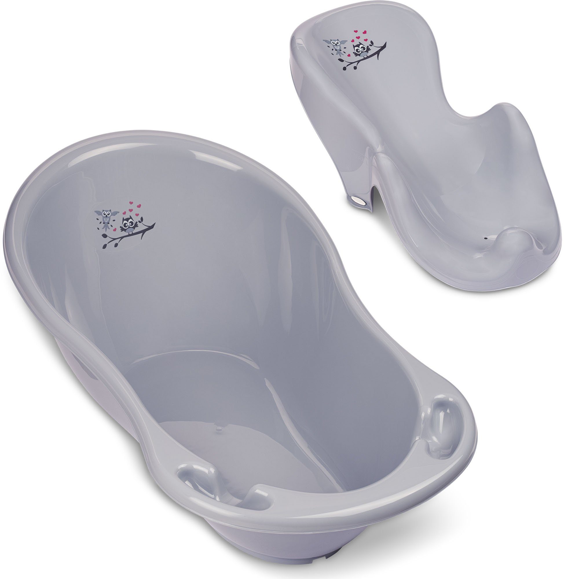 Babykajo Babybadewanne, (Komplett-Set, 2-tlg), Baby Wanne + Wanneneinsatz - TÜV Rheinland geprüft Eule grau