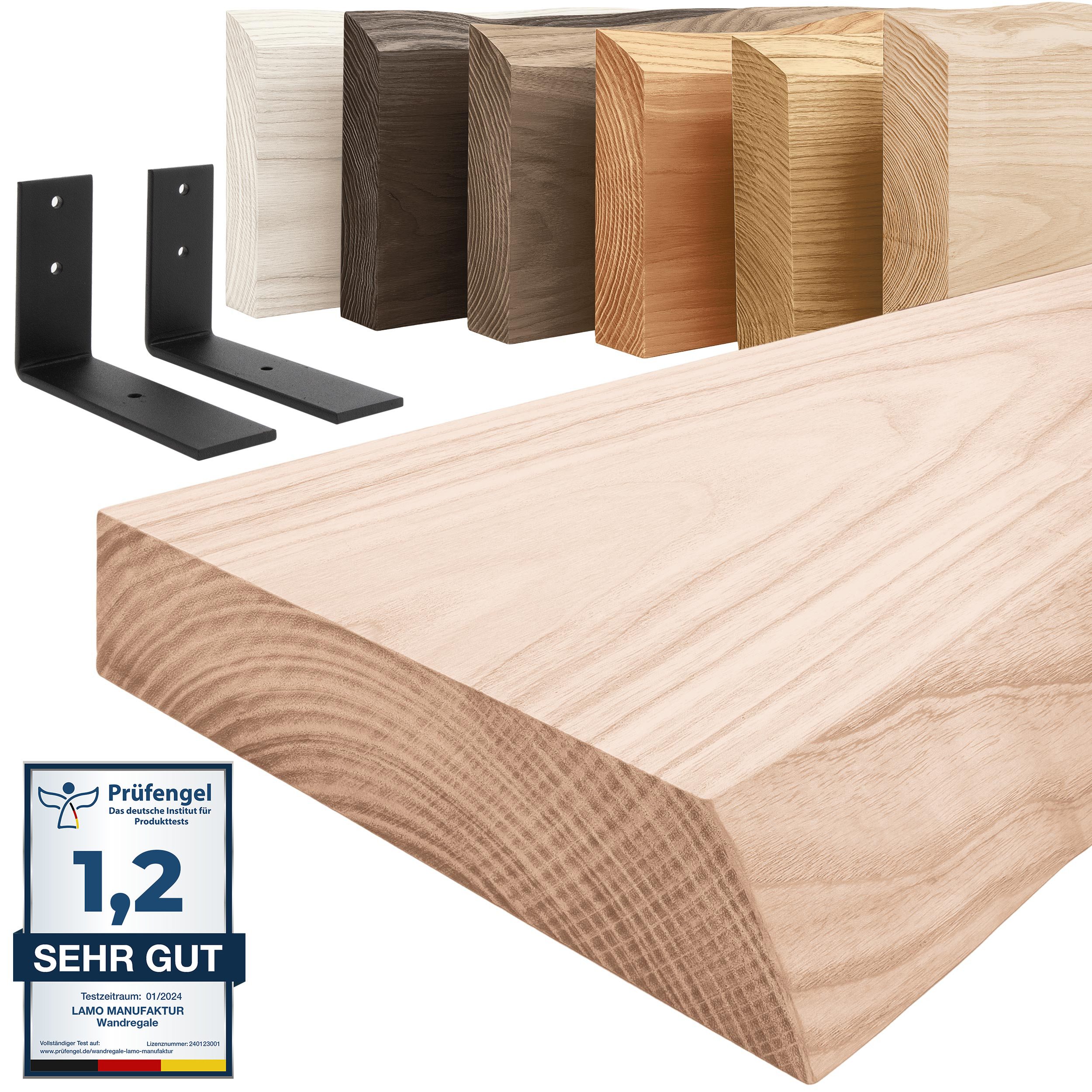 LAMO Manufaktur Wandregal Holz Baumkante Regal Farbe: Roh mit schwarzem Basic Regalträger 40 cm, Komplett-Set, 40mm stake Massivholzplatte