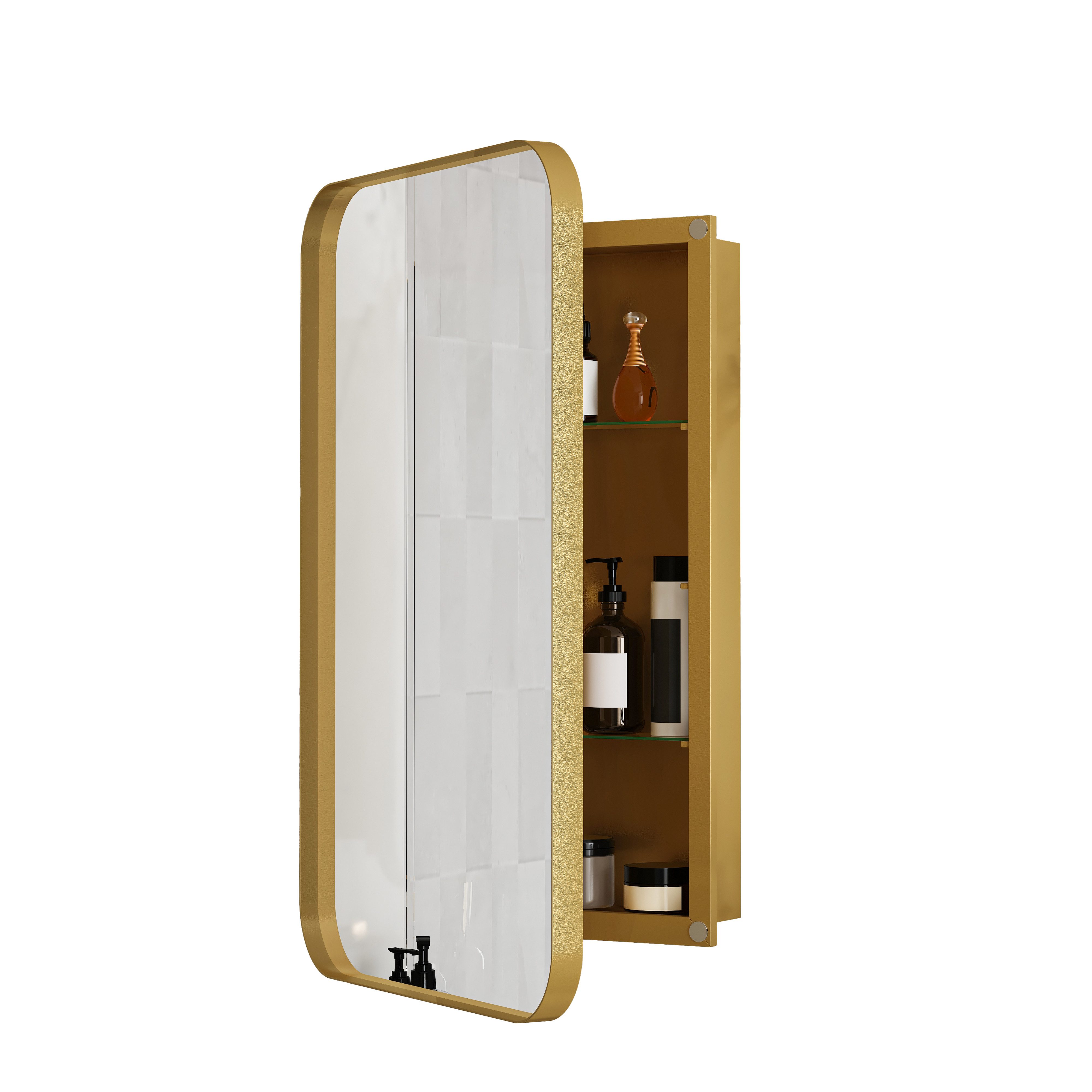 Celya Spiegelschrank Moderner Wand-Badezimmerschrank,Rechteckiger Spiegelschrank (für Bad, Wohnzimmer und Schlafzimmer, Spiegelschrank mit Stauraum) Metallrahmen-Schrank mit Spiegel & einstellbaren Shelves,Gold