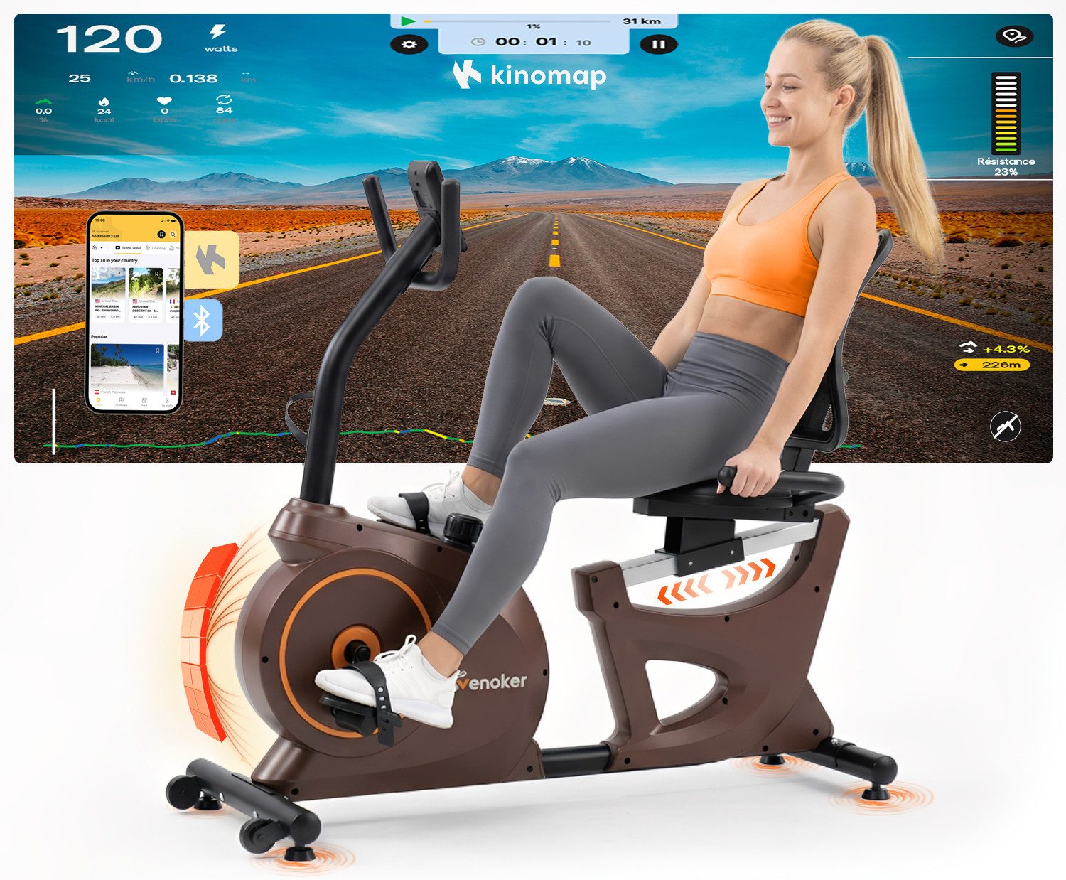 Wenoker Heimtrainer App-kompatibler Liege-Heimtrainer mit 15-stufigem Magnetwiderstand (1-tlg., kompatibel mit Fitness-Apps, ausgestattet mit integriertem Pulsfühler), Ultra-leise Magnetbremse, atmungsaktive Rückenlehne, LCD-Display