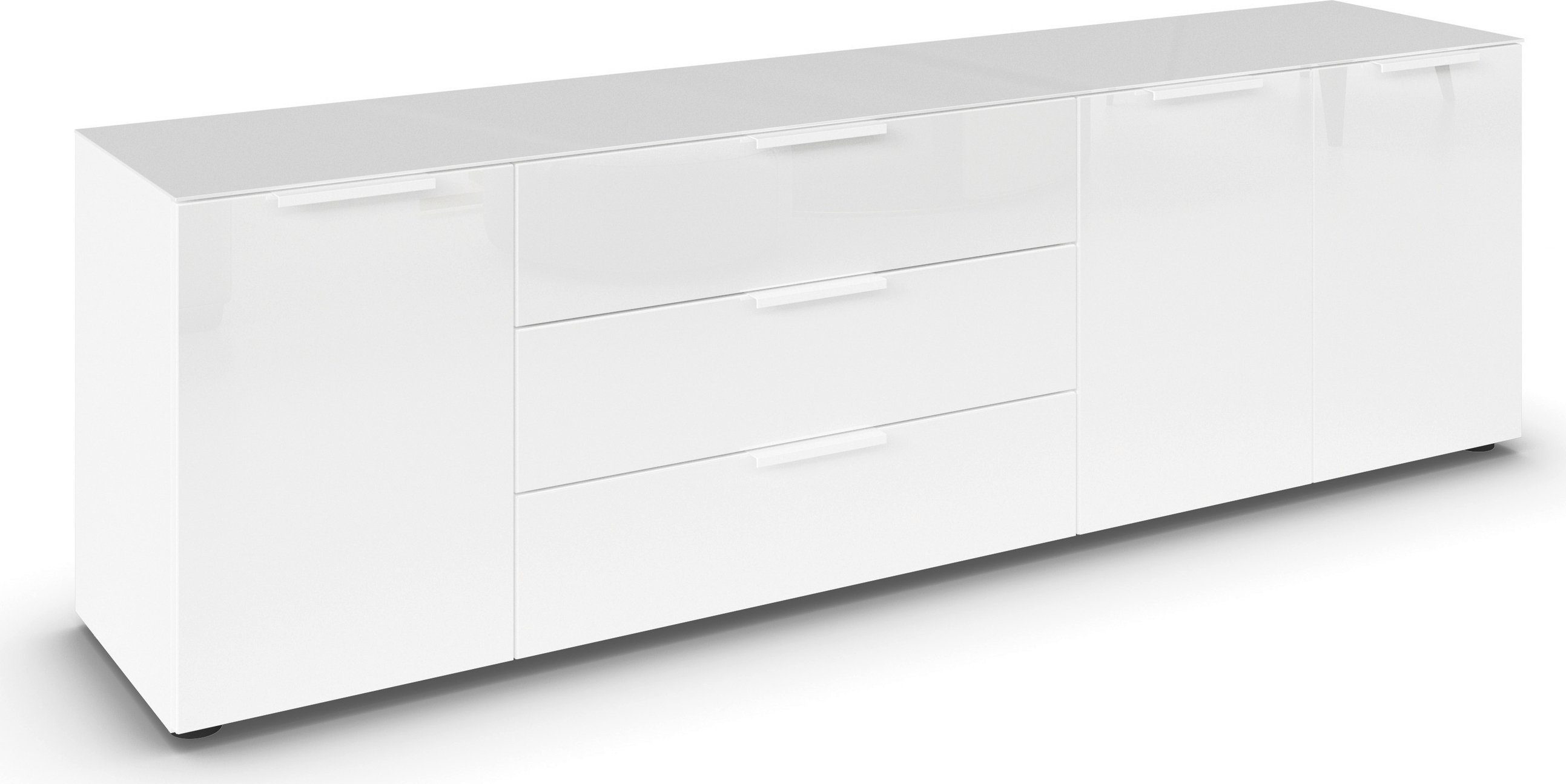 rauch Kombikommode Kommode Türkommode Sideboard Kombikommode FLIPP mit Glasfront (Breite 200 cm mit 2 Einlegeböden), 3-türig, 3 Schubladen, Soft-Close-Funktion, Oberboden und Front Glas