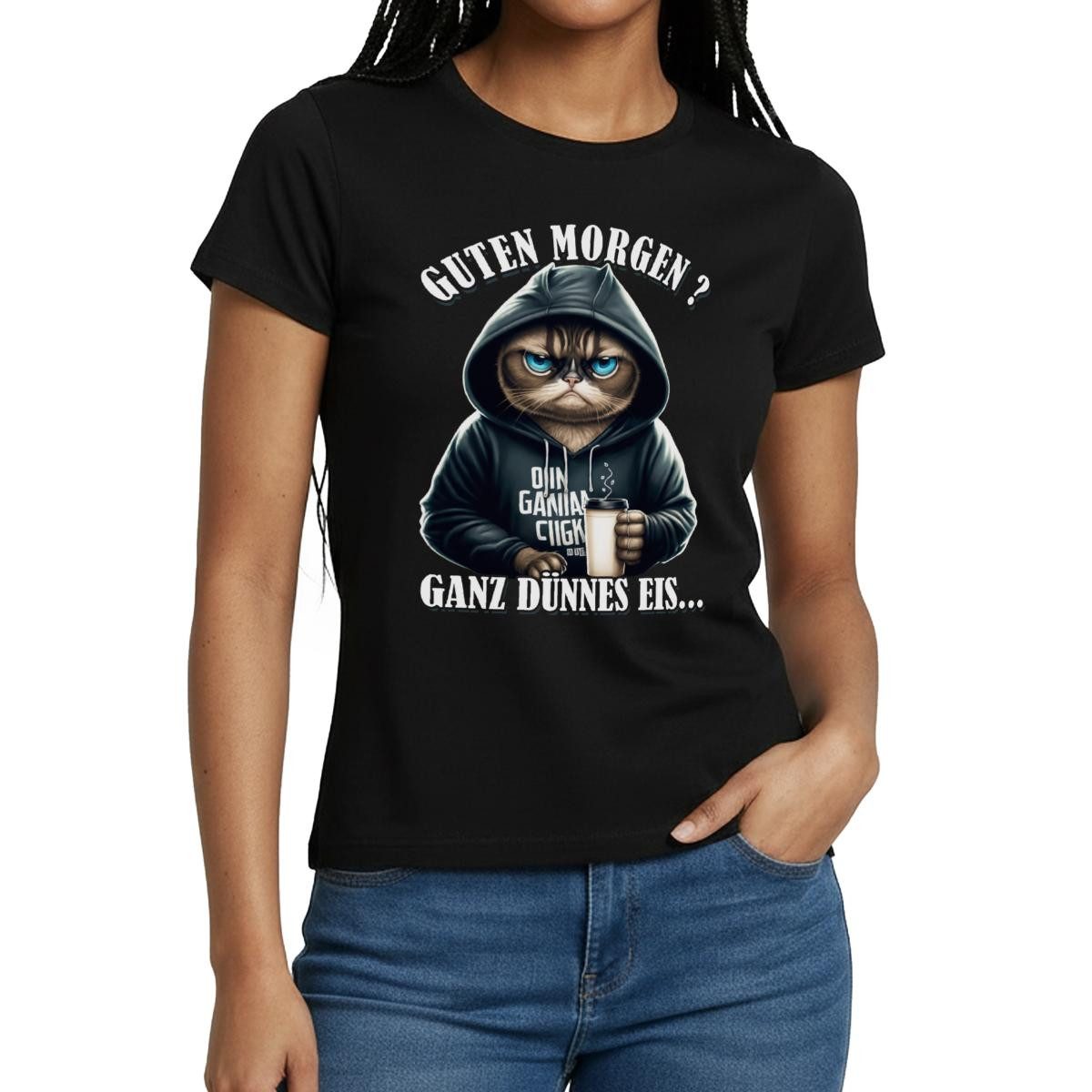 T-Shirt Guten Morgen Ganz Dünnes Eis Katze Frauen T-Shirt