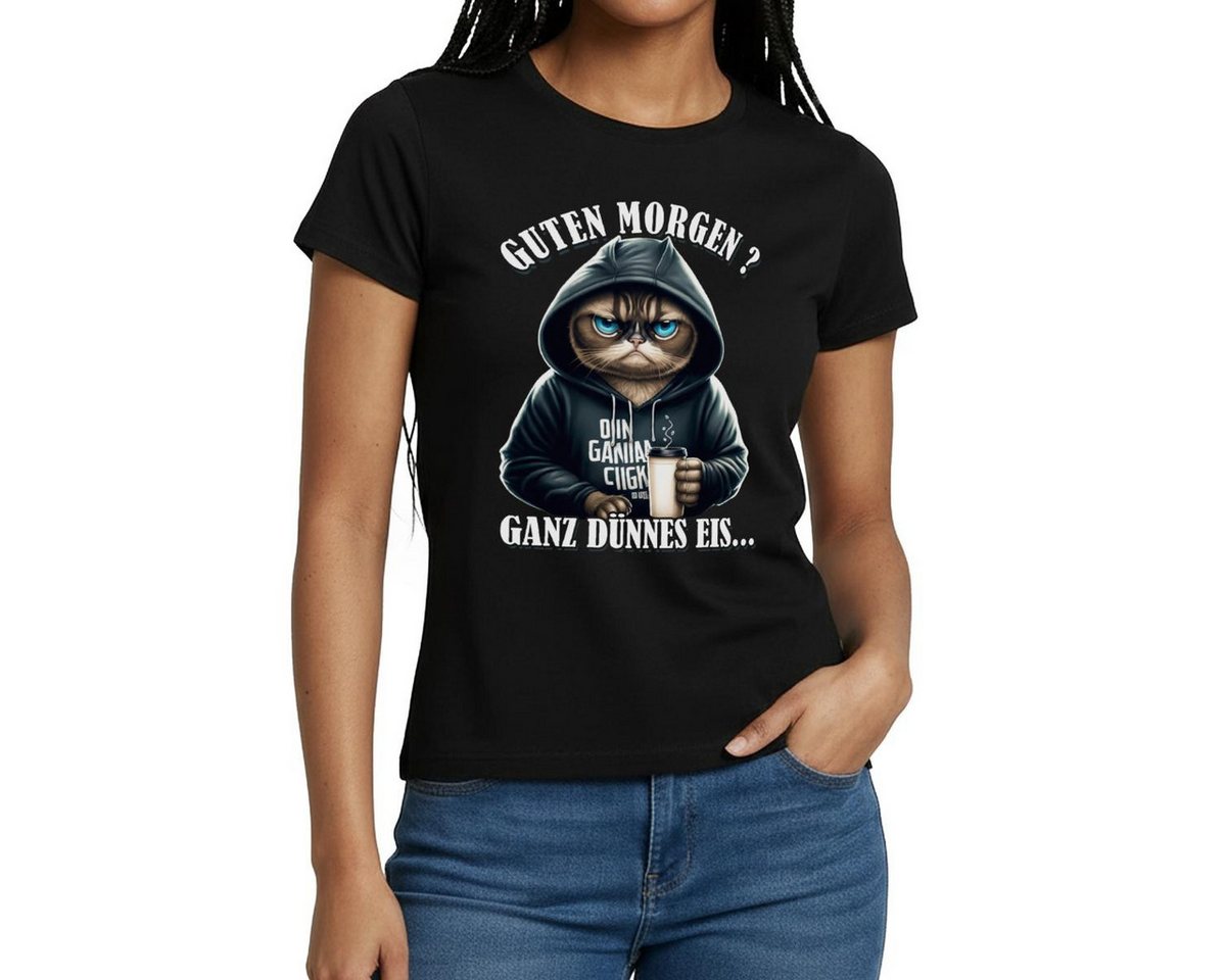 Spreadshirt T-Shirt Guten Morgen Ganz Dünnes Eis Katze Frauen T-Shirt (1-tlg) Slim Fit, fällt klein aus