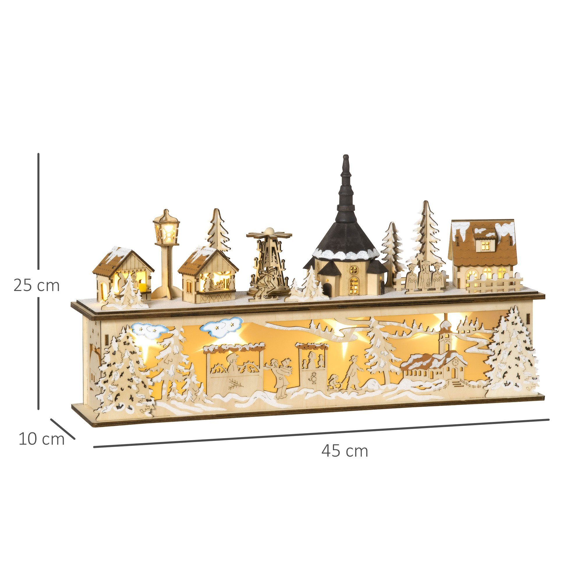 HOMCOM Weihnachtsdorf Weihnachtsdeko, Weihnachtsdorf, 10 LEDs, Holz, 45 x 10 x 25cm, Kirche mit integrierter LED-Beleuchtung, Höhe 25 cm