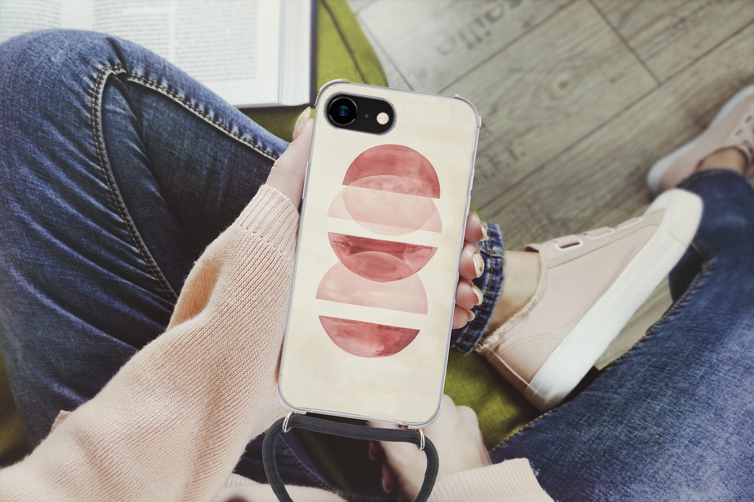 MuchoWow Handyhülle für Apple iPhone 8 Minimalistisch - Kreise - Rosa, Tragbare Handyhüllen mit Kette zum umhängen, Handykette Handyband