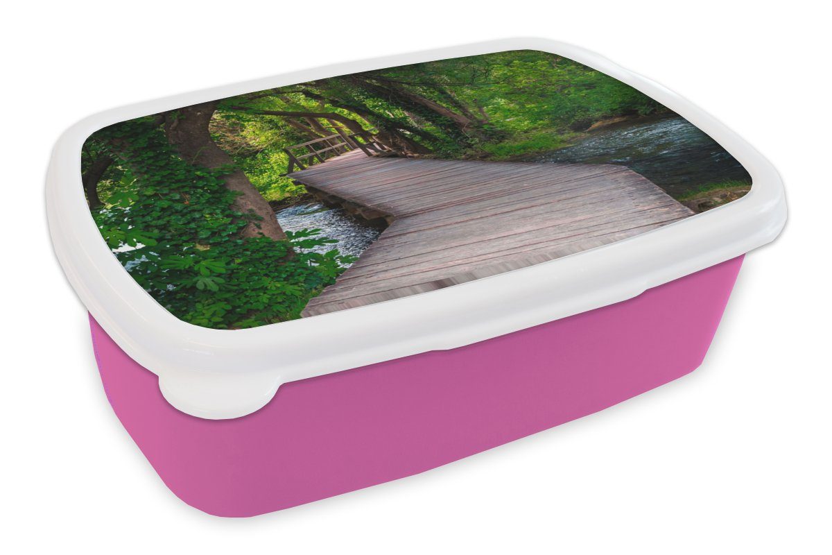 MuchoWow Lunchbox Wald - Natur - Brücke, Kunststoff, (2-tlg), Brotbox für Erwachsene, Brotdose Kinder, Snackbox, Mädchen, Kunststoff rosa