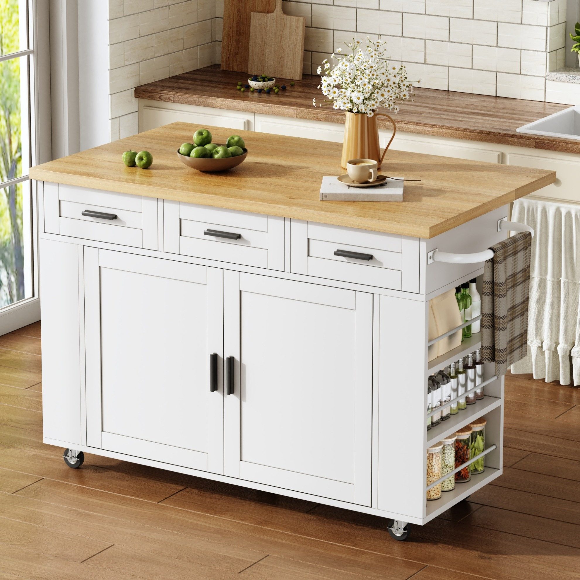MODFU Kücheninsel 120×45(70)×84 cm Küchenmöbel mit Auszieh Arbeitsplatte, (Küchenwagen mit Stauraumfach Müllfach und praktischer Schublade), Rollwagen mit Steckdosen und flexiblem Schrank Organizer System