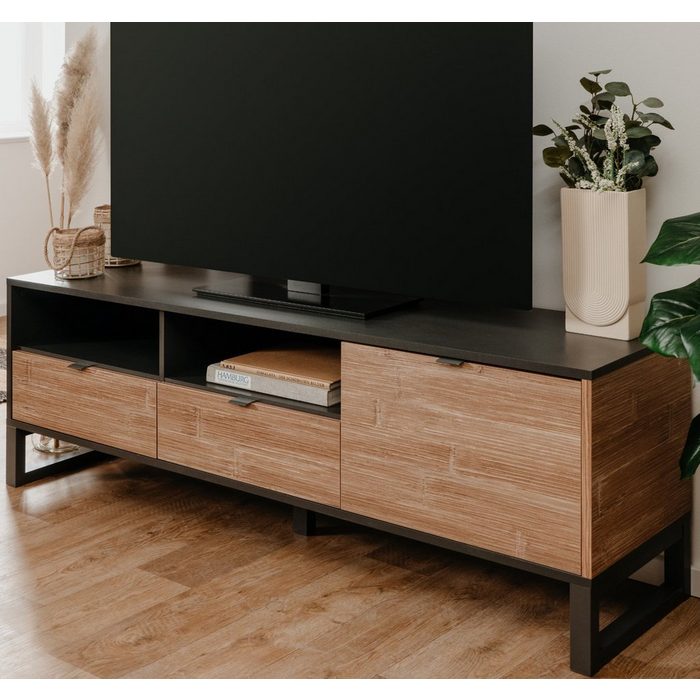 finori Möbel Lowboard Sumatra (TV Unterschrank in Anthrazit mit Stauraum 160 x 56 cm) Industrial Design mit Bambus