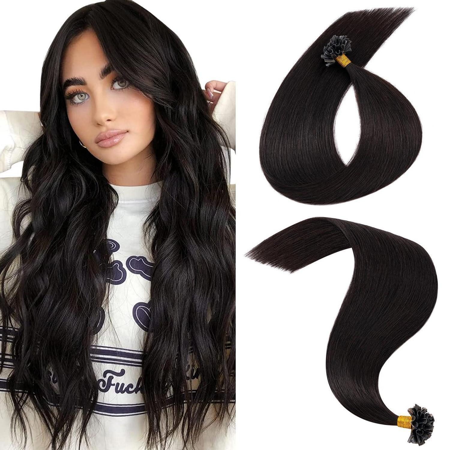LuxusKollektion Echthaar-Extension Extensions Echthaar Bondings Keratin 40 cm 25g 1B Natürliches Schwarz