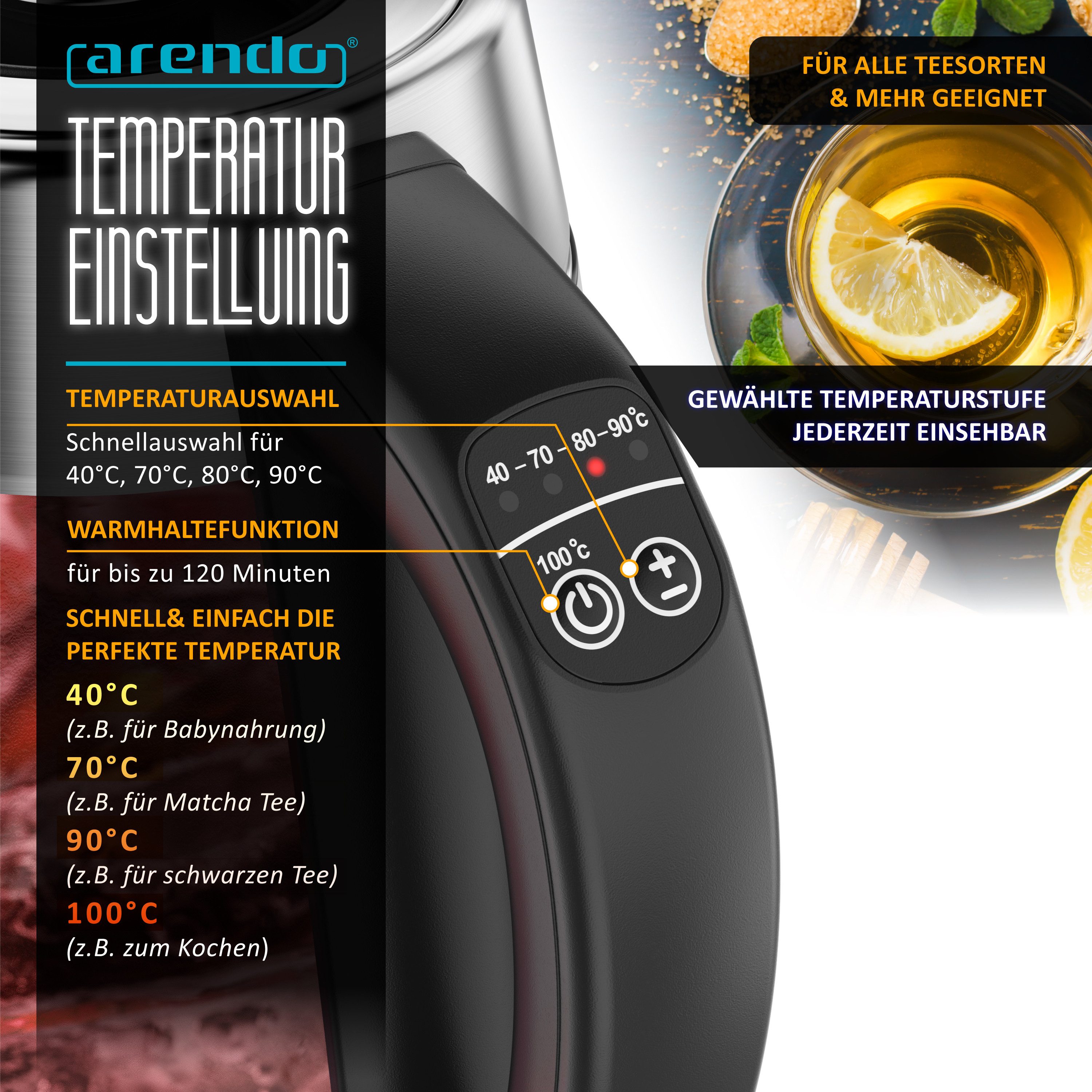 Arendo Wasserkocher Glas & Edelstahl 2in1 Teebereiter mit Teesieb & 5 Temperaturen, 1.7 l, 2200 W, Teekocher für losen Tee, 5 Stufen 40-100°C, LED-Licht & 2h Warmhalten