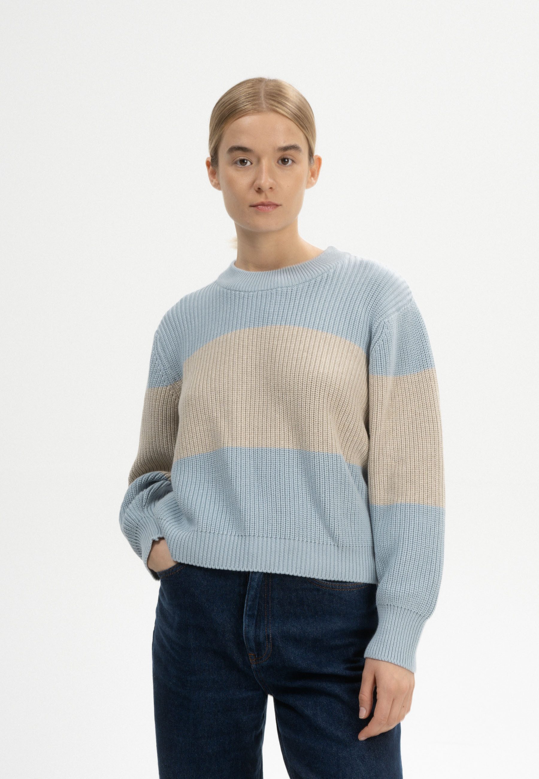 MELA Strickpullover Rippstrick Pullover Style ADAH STRIPES Gerippter Kragen, Saum und gerippte Bündchen