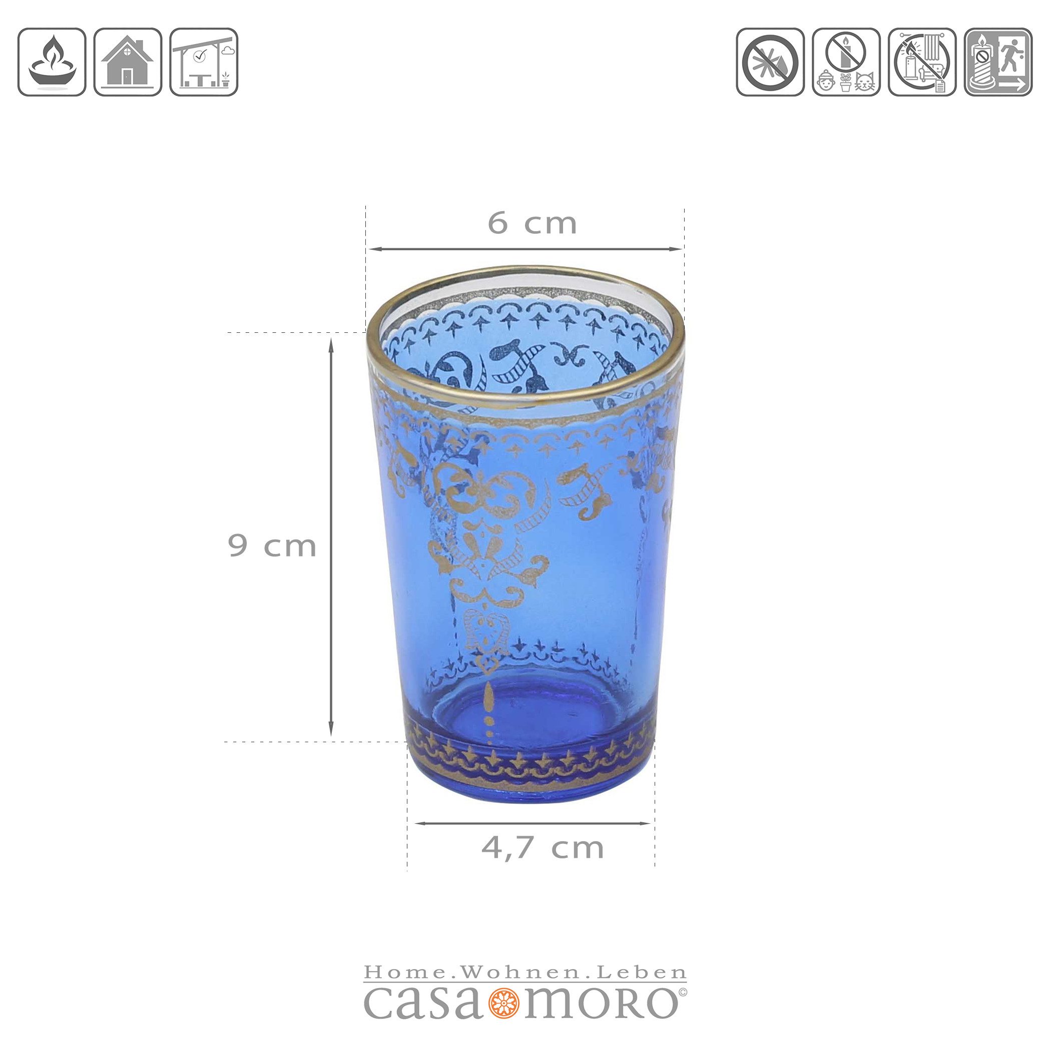 Casa Moro Teelichthalter Windlicht aus Glas Blau Gold 6er Set Deko Tisch Ramadan (bunte Tischdeko Geschenk-Idee), einzigartige Ramadan Glas-Teelichthalter TGL1004