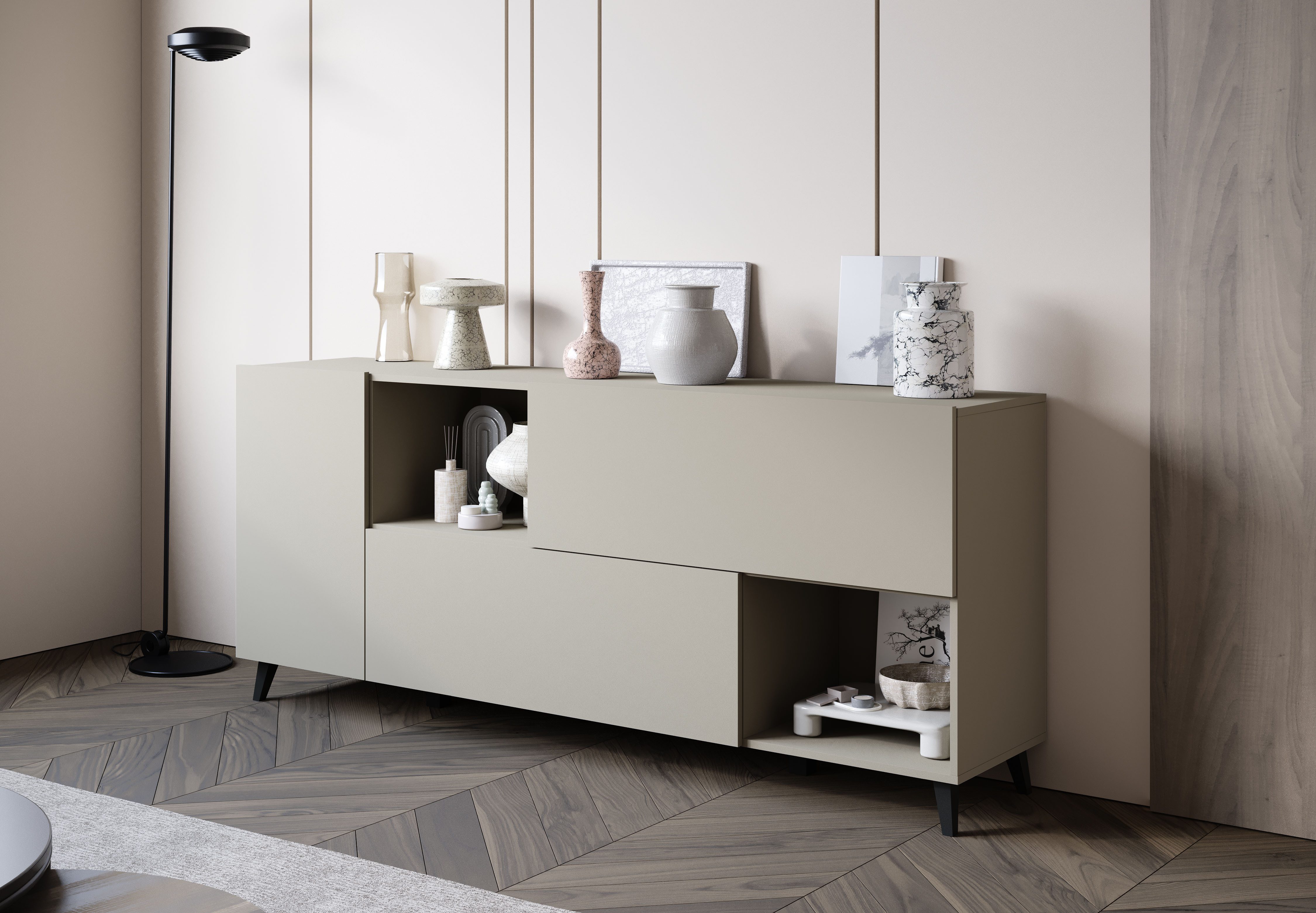 Home affaire Sideboard Phuket, Kommode mit 1 Tür, 2 Klappen und offenen Fächern (1 St), 180 cm breit, modernes Design mit viel Stauraum