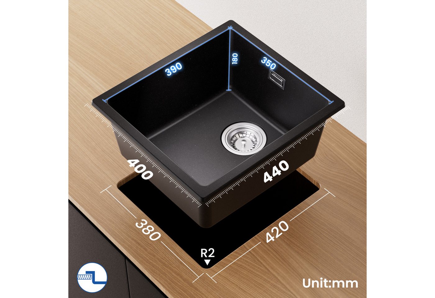 Thumbnail - CECIPA MAX Granitspüle 40×44 cm Unterbauspüle Küchenspüle Granit, Quadrat, 40/44 cm, Einbauküchenspüle, Anthrazitschwarz