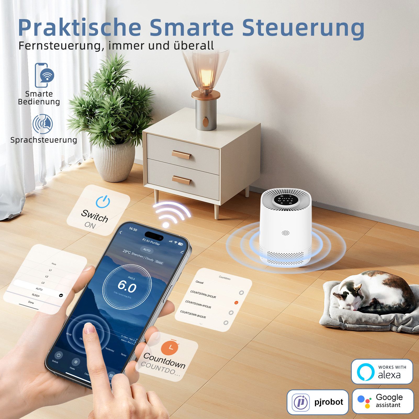 Tekoo Luftreiniger H13 HEPA WLAN App, PM2.5 Sensor, Leise bis 15m², für 15 m² Räume, Smarter H13 HEPA Luftreiniger mit App-Steuerung