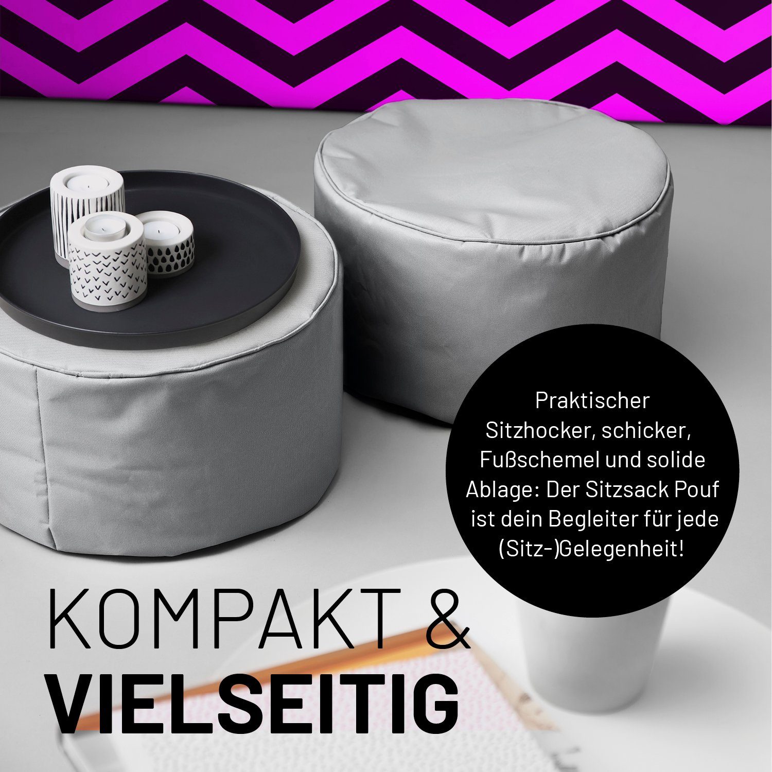 Pouf in- Outdoor, 25x45cm kompakt 5 50L Tisch, Lumaland Garantie Hocker, silbergrau Sitzsack & & Fußsack Jahre