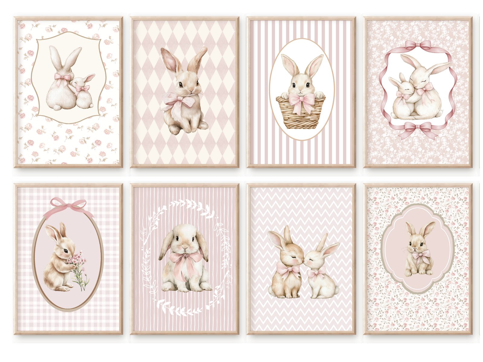 homestyle-accessoires Mehrteilige Bilder Kinderzimmer Bilderwand 8erSet Bilderset Babyzimmer HASEN BUNNIES, Hochformat, Künstlerpapier, ohne Rahmen