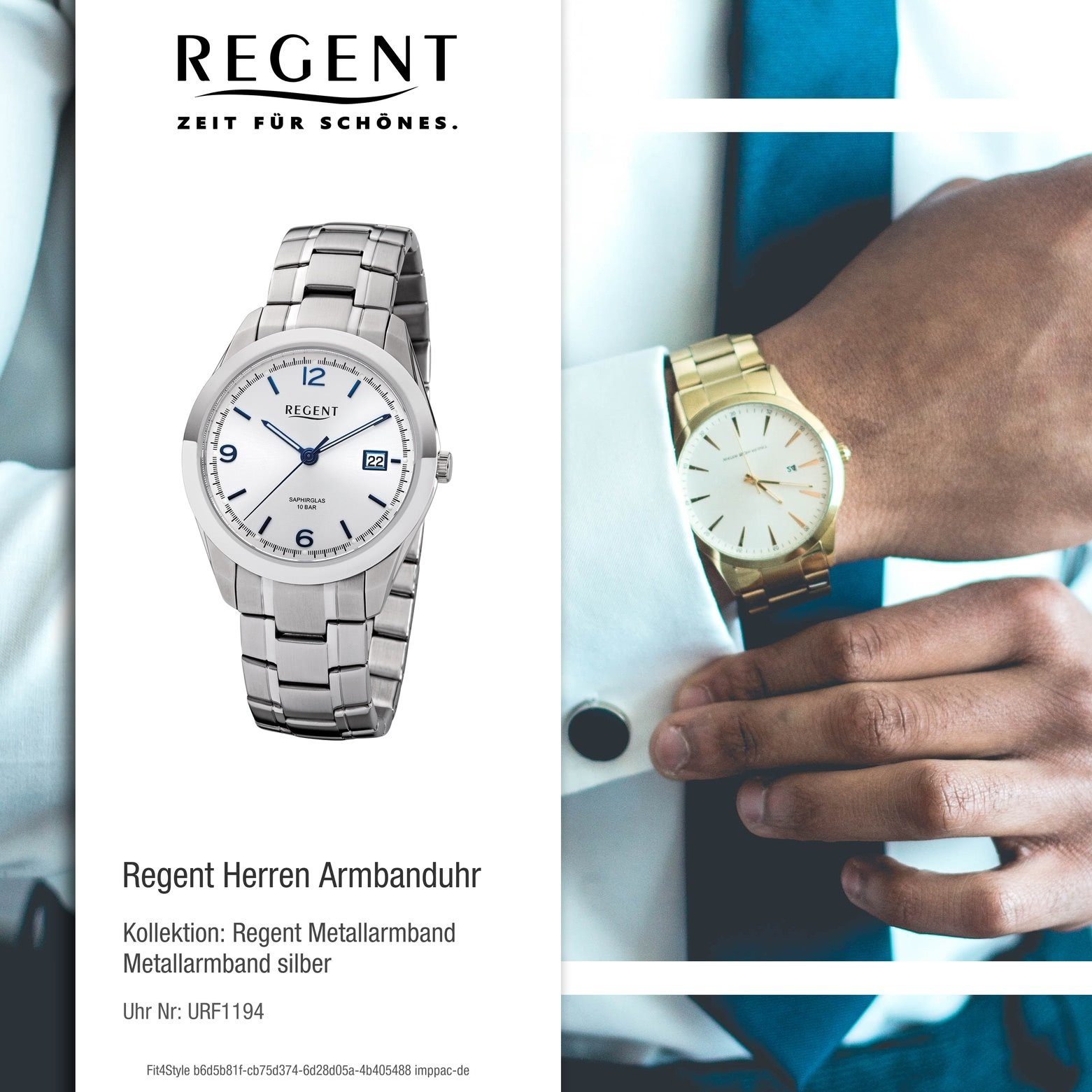 Regent Quarzuhr Metall groß Uhr (ca. Metallarmband Quarz, Regent rund, Herren 40mm), Herren Armbanduhr F-1194