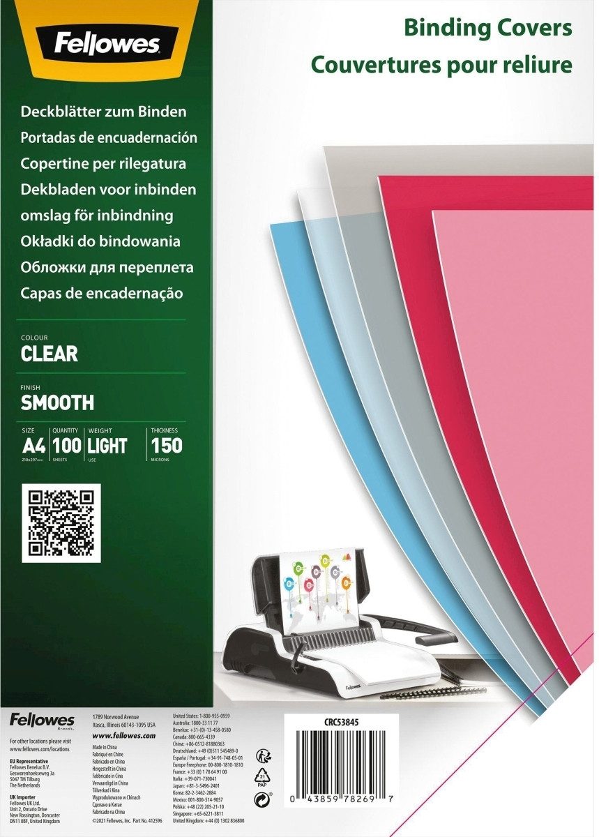 FELLOWES Thermo-Bindemappe Foliendeckel A4 PET glatt 150 mic transparent VE=100 Stück, (