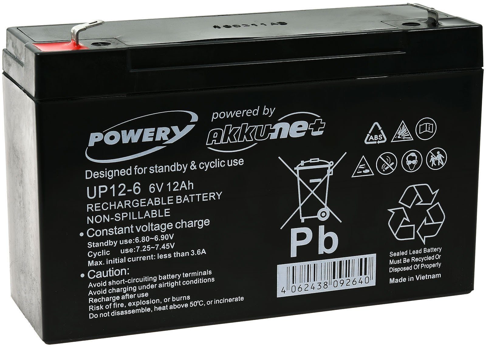 Powery Powery Blei-Gel Akku 6V 12Ah ersetzt Panasonic LC-R0612P Bleiakkus 12000 mAh (6 V)