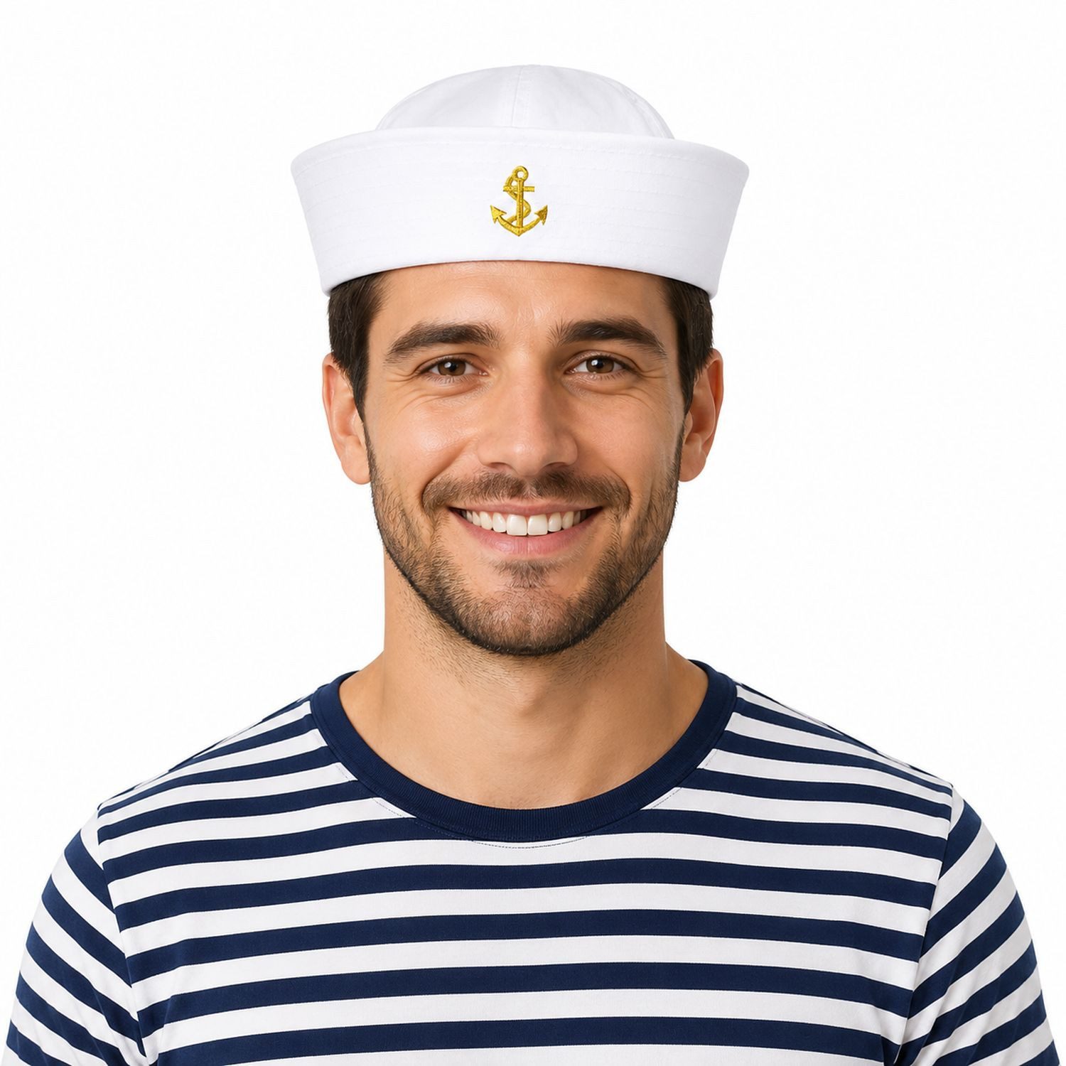 Das Kostümland Kostüm Matrosen Hut - Sailor Mütze mit Anker, Weiß Gold