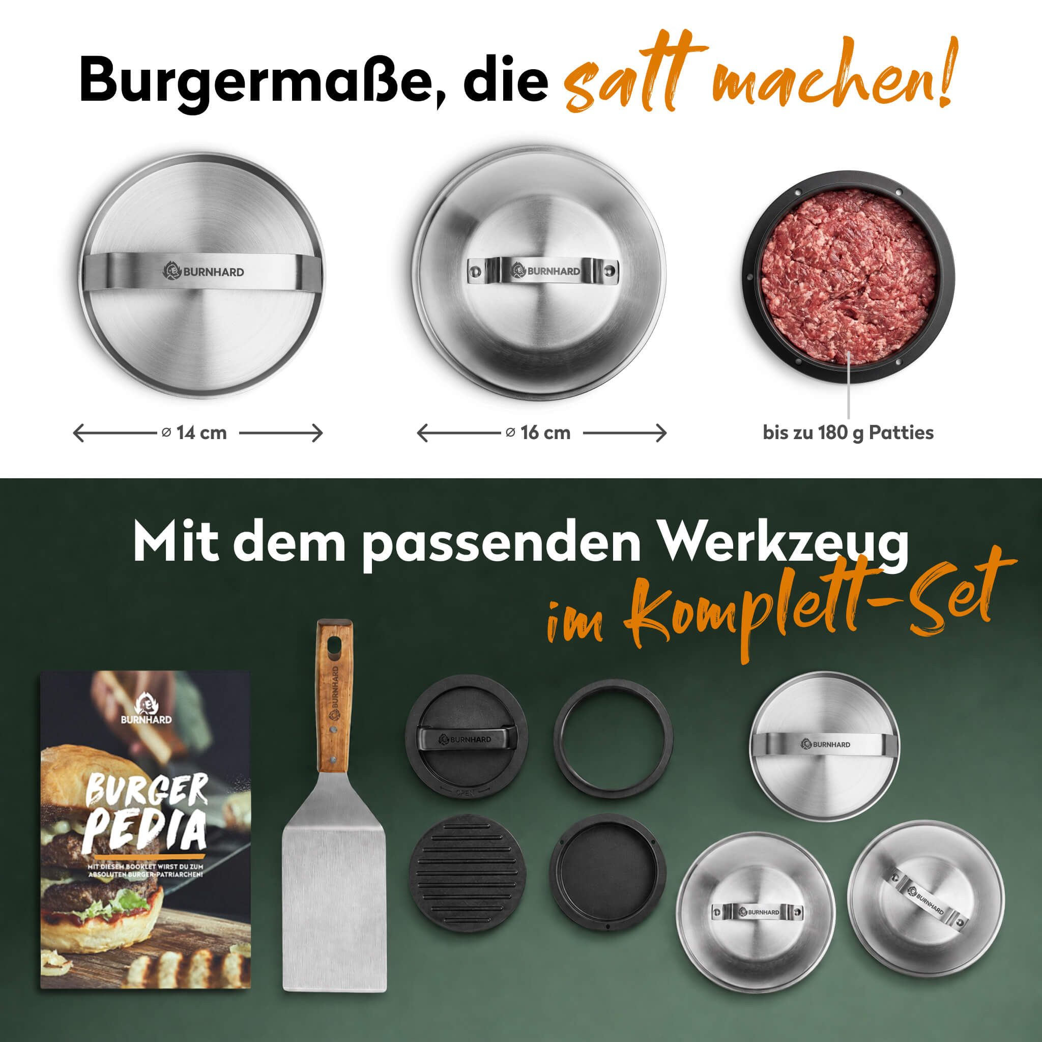 BURNHARD® Burgerpresse Ultimatives Burger-Set 6 tlg. (6 St), Wender, Smasher, 2 Melting Domes & Rezeptheft, Geschenk für Männer – Bild 5 von 5