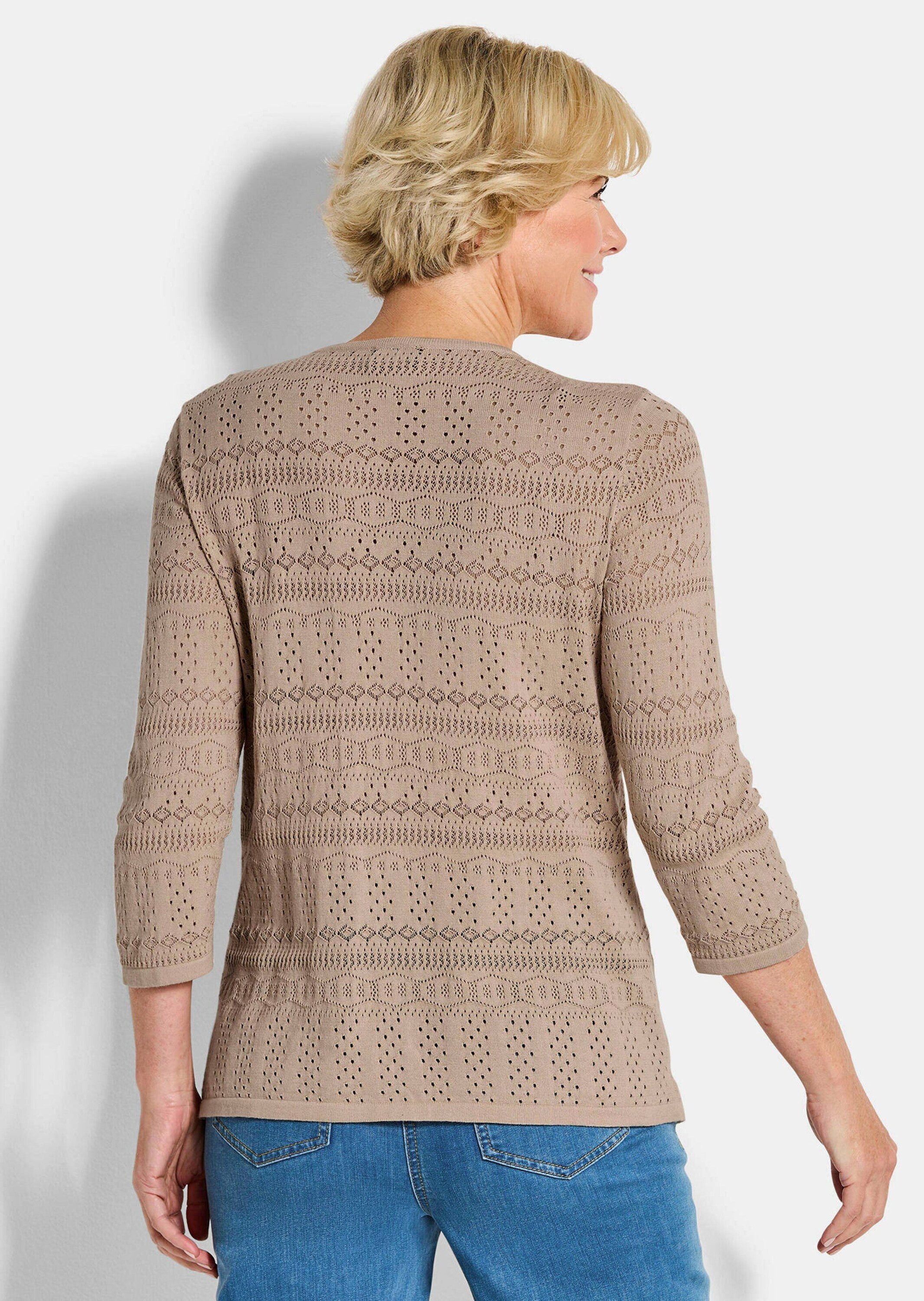 GOLDNER Strickpullover Kurzgröße: Sommerpullover mit V-Ausschnitt Baumwollpullover mit Ajourmuster, V-Ausschnitt und 3/4-Ärmeln