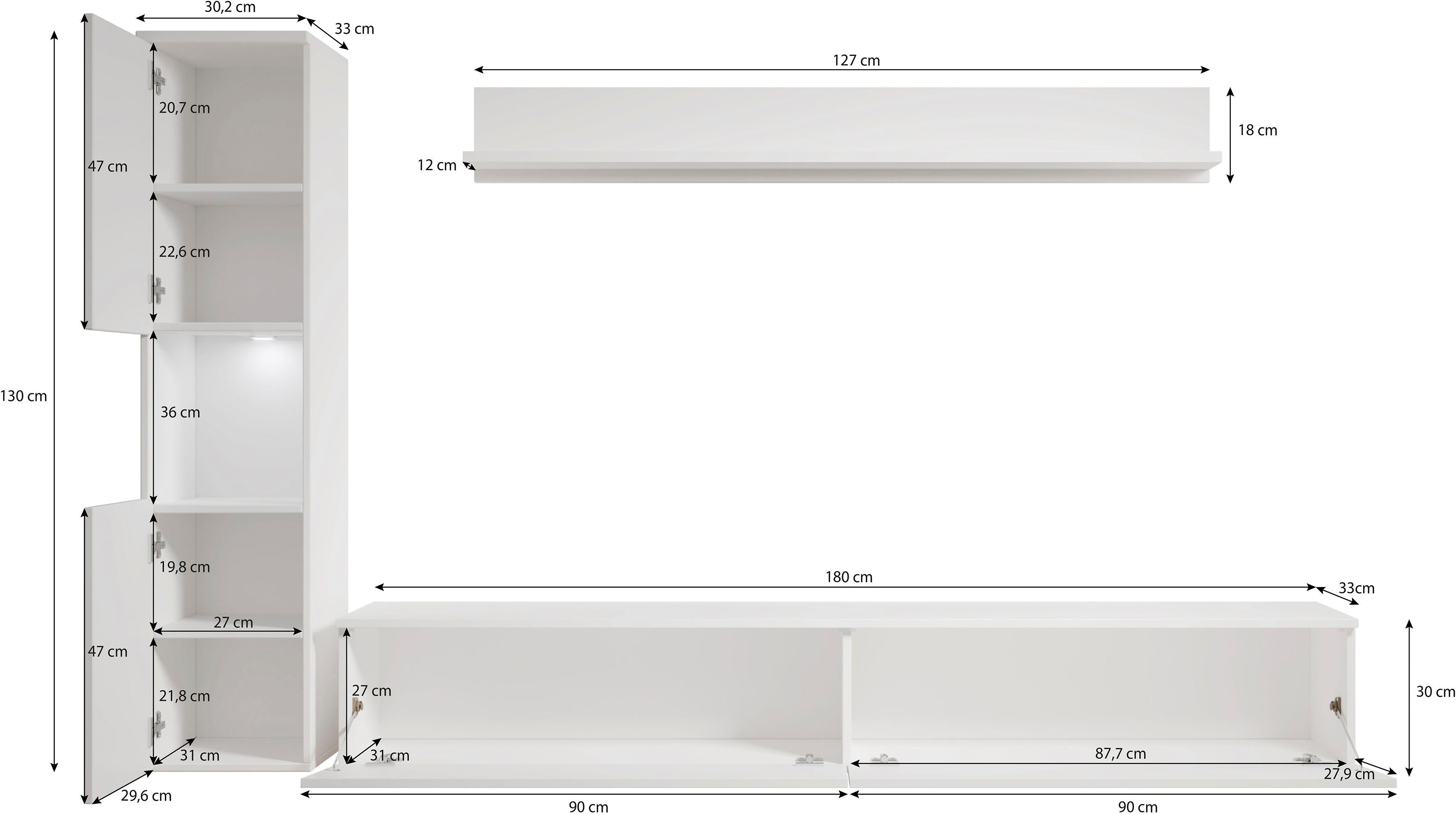 weiss Hochglanz PARIS, (Set, Wohnwand INOSIGN weiss/ 3-St)