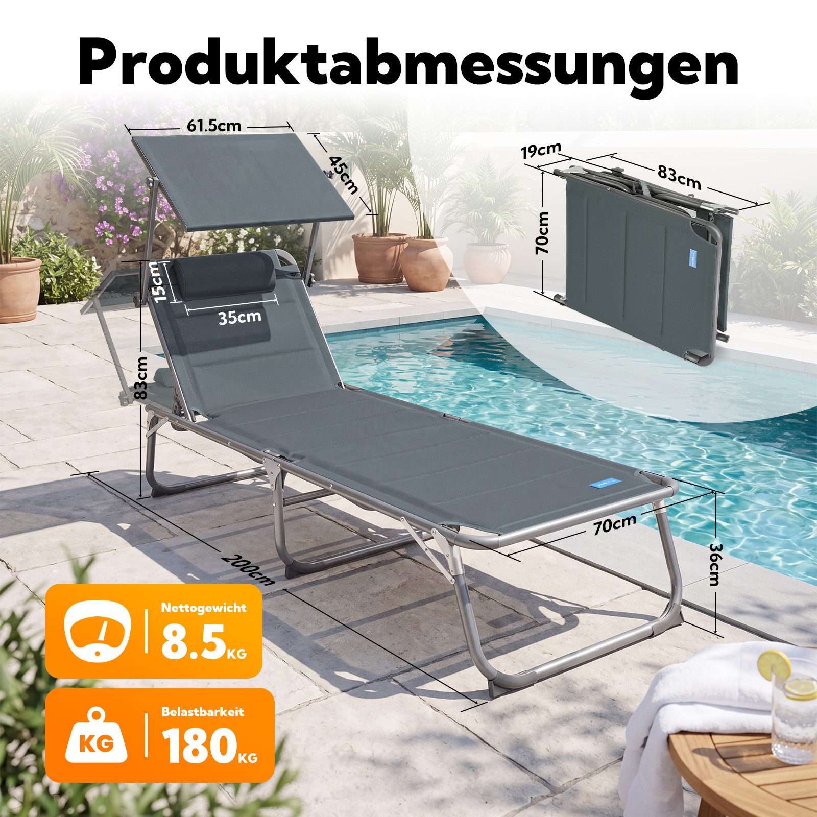 HOMECALL Gartenliege Sonnenliege AluLiege Liegestuhl Strandliege Liegen wetterfest, klappbar, Textilene Mit Dickemschnelltrocknende Schaumstoffpolsterung, Verst – Bild 2 von 5