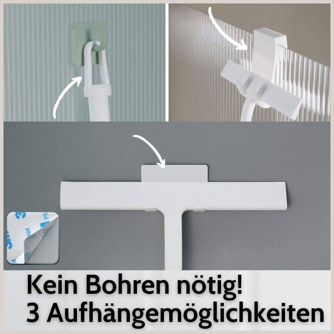 DEKAZIA Duschabzieher Silikon, Duschwischer, Fensterabzieher mit Halterung, Scheibenabzieher, (Badezimmer Abzieher mit Halterungen), 3 Befestigungsmöglichkeiten, ohne Bohren, Silikon mit Edelstahlkern