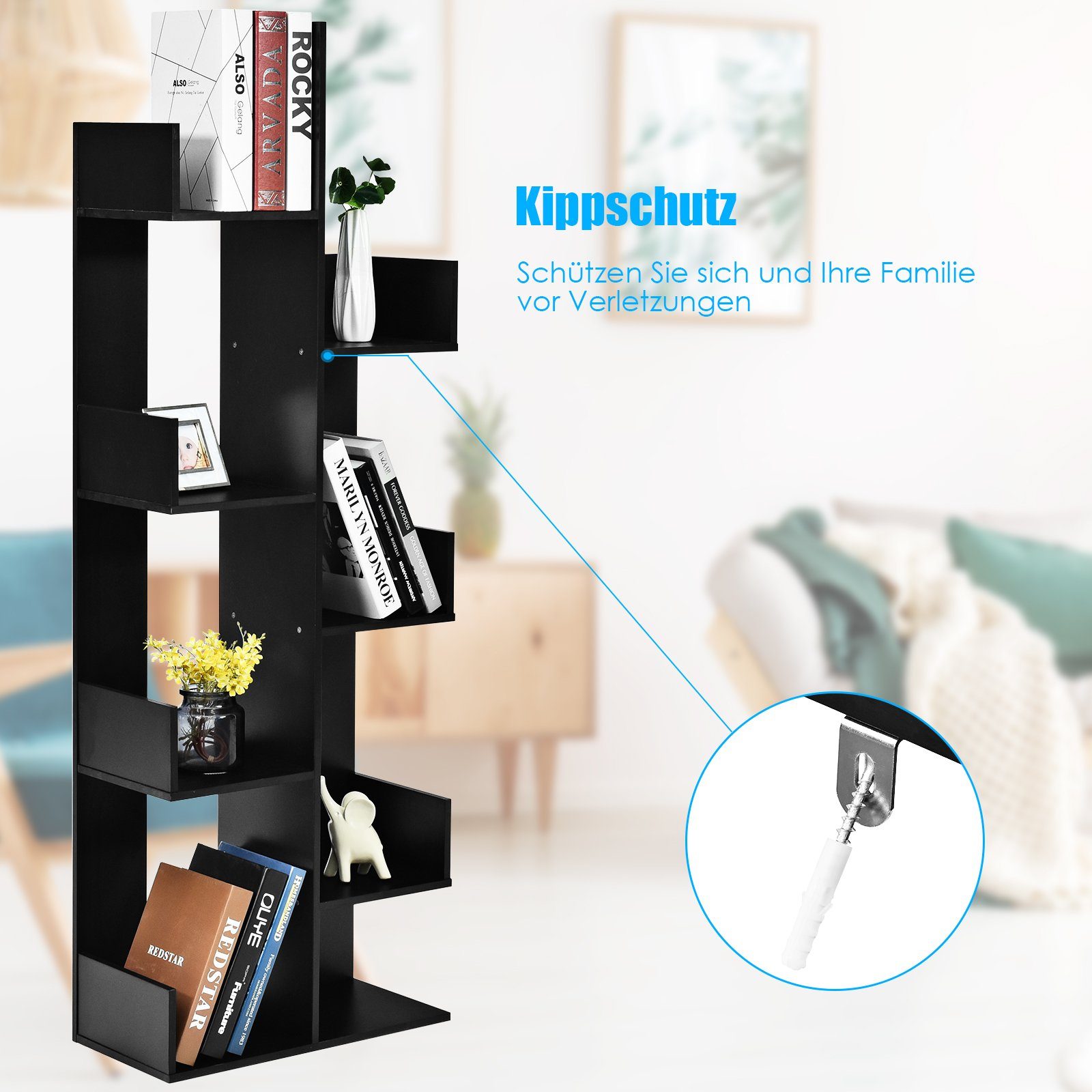 COSTWAY Schwarz Kippschutz, Bücherregal 50x24,5x145cm offenen 8 Fächern, mit