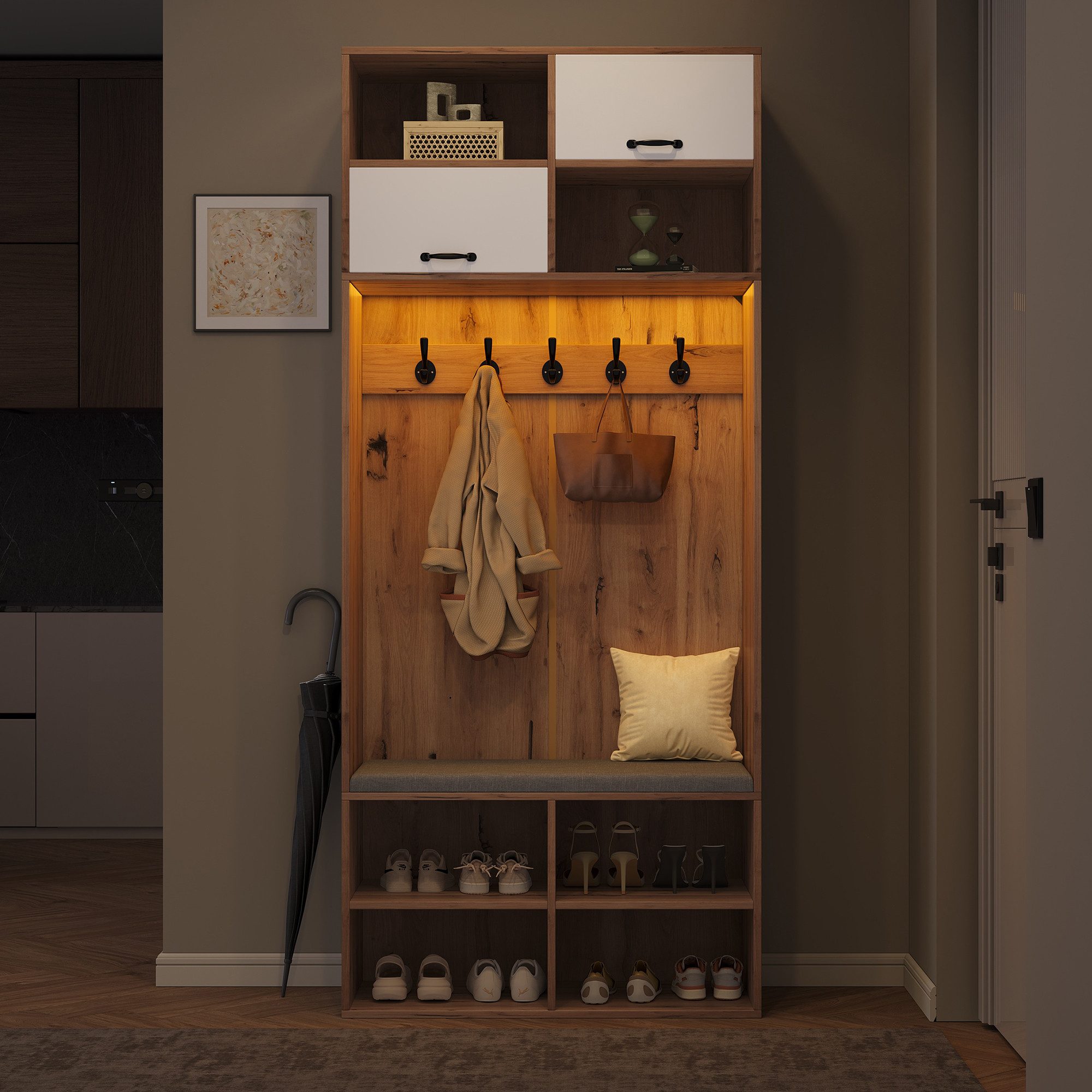 Flieks Garderoben-Set mit LED-Beleuchtung, Kleiderhaken, Schuhschrank und S günstig online kaufen