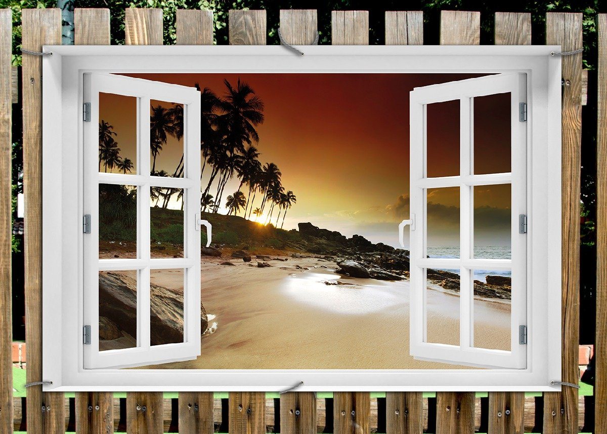 Thumbnail - Wallario Sichtschutzzaunmatten Sri Lanka - Palmenstrand mit Sonnenuntergang, mit Fenster-Illusion