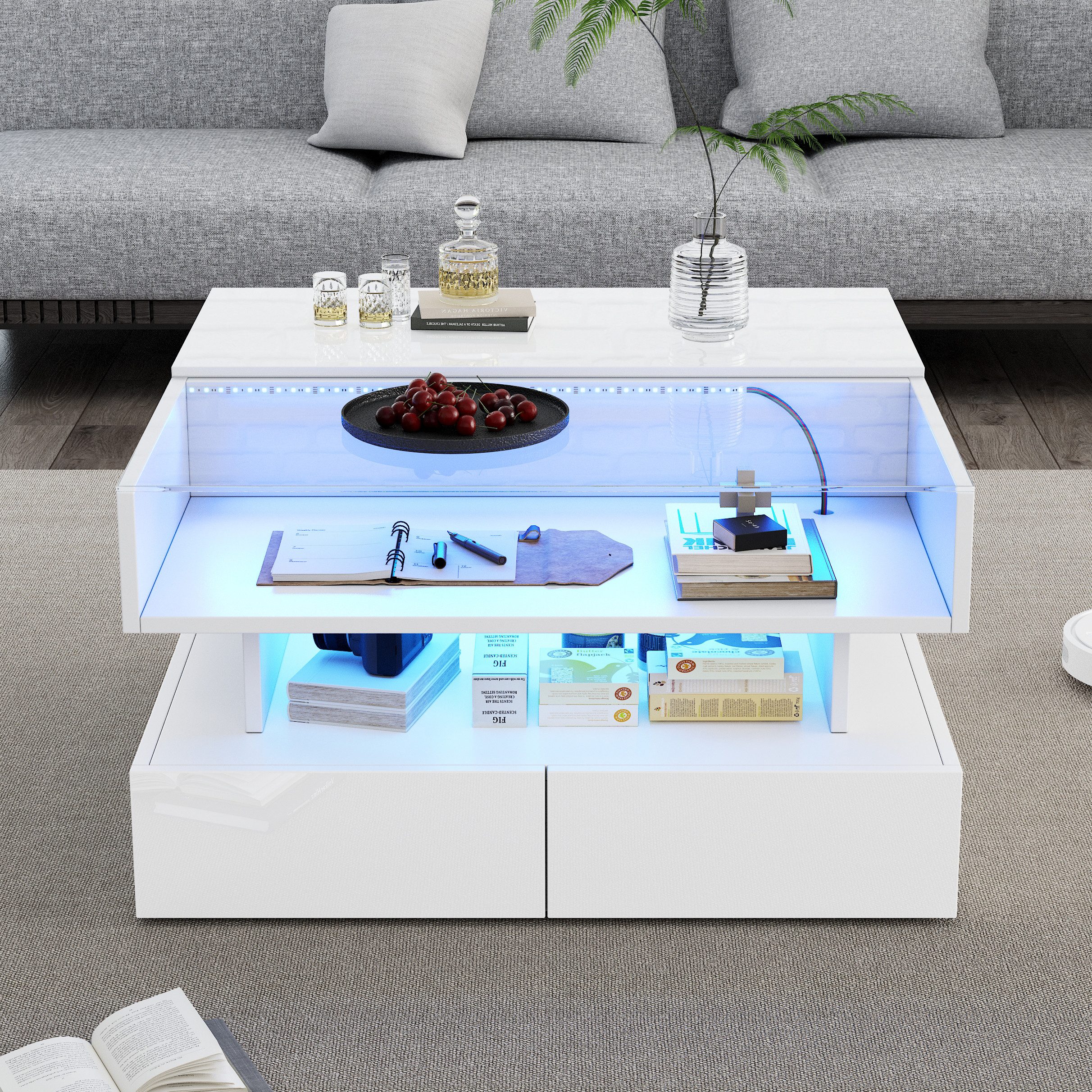 REDOM Couchtisch mit höhenverstellbarer Tischplatte (Wohnzimmertisch, Beistelltisch, 1-St., 80*80*45cm, Spanplatte+gehärtetes Glas), Hochglanz, Höhenverstellbarer Kaffeetisch