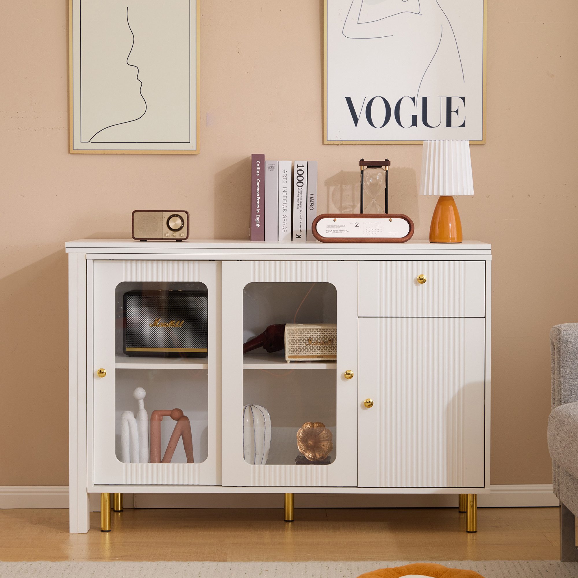 Flieks Sideboard mit klappbarem Ausziehtisch 360° drehbar Weiß (Set, 1 St., erweiterbare Tischplatte 40-80cm), Küchenschrank Esstisch mit 2 Glasschiebetür und 1 – Bild 4 von 5