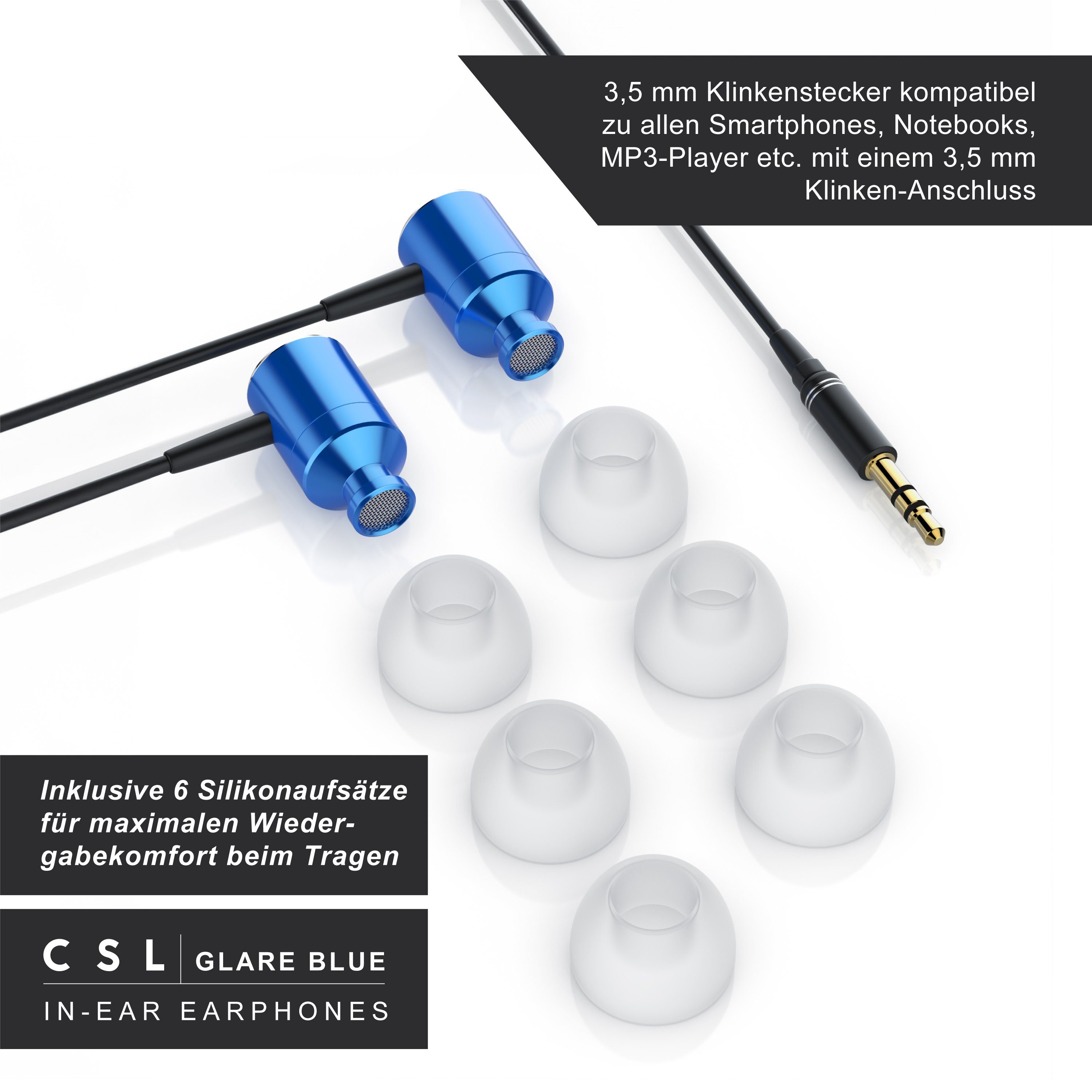 CSL InEar Ohrhörer, Dynamischer 8mm Treiber, Noise Reduction Design In-Ear-Kopfhörer (Earphones mit Power Bass, 3,5mm Klinke, inkl. Ersatz Silikonaufsätze)