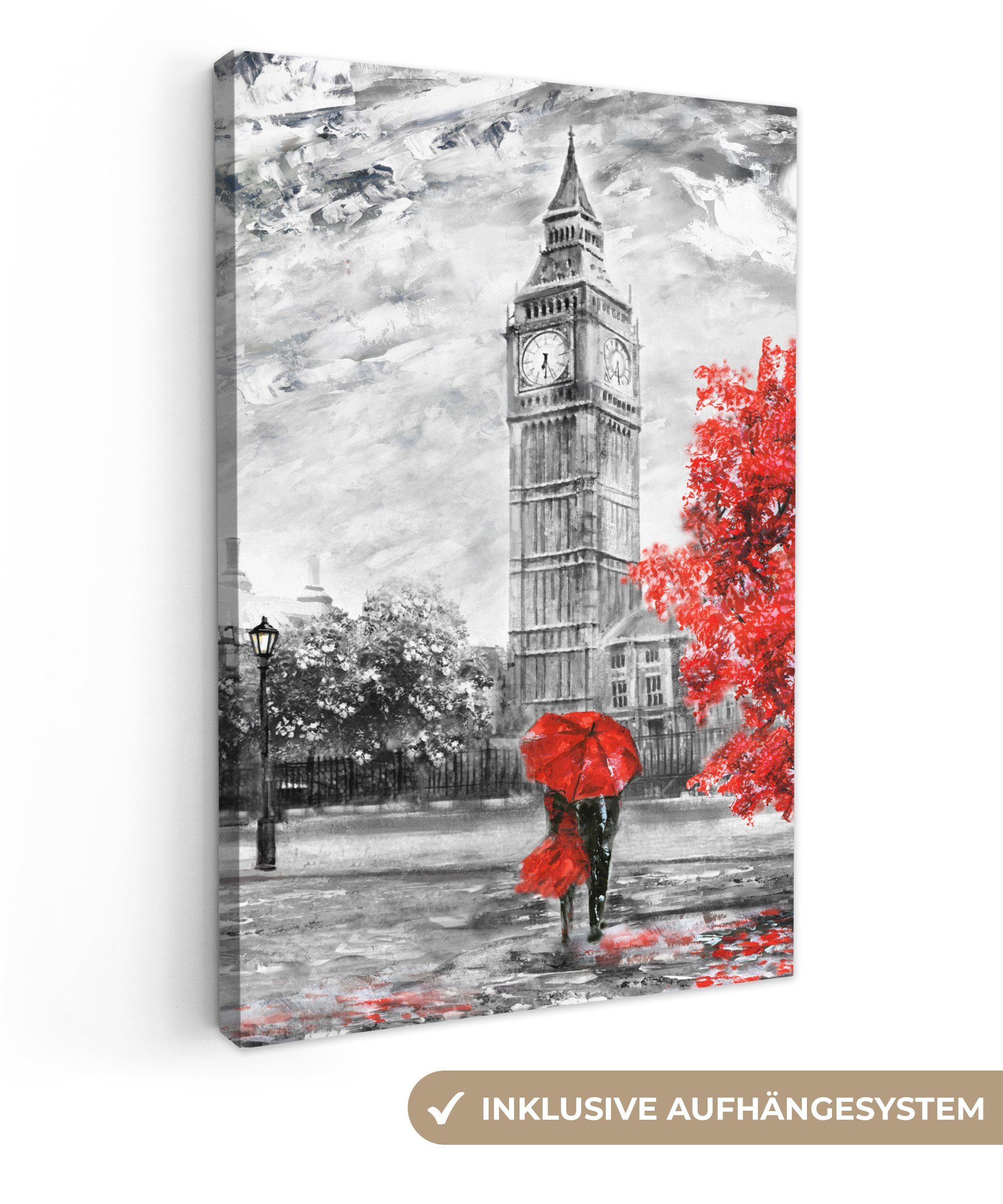 OneMillionCanvasses® Gemälde Gemälde - Big Ben - Rot - Regenschirm, (1 St), Wandbild für alle Wohnbereiche, Gemälde, XXL, großes, 80x120 cm