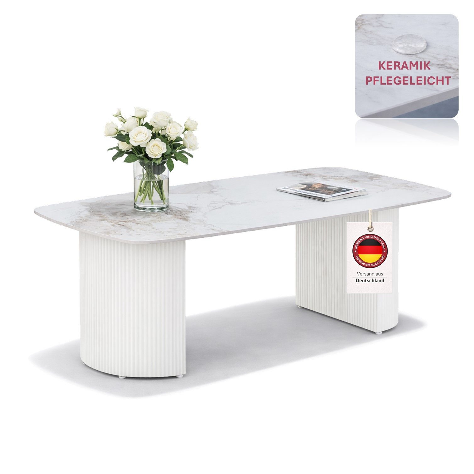 HOOZ Wohnzimmertisch Couchtisch Set 130x70 cm Weiß – moderner Sofatisch, Keramik (Einzelprodukt, 1-St., 1× Couchtisch), Keramik-Tischplatte, Travertin-Optik (marmoriert), pflegeleicht