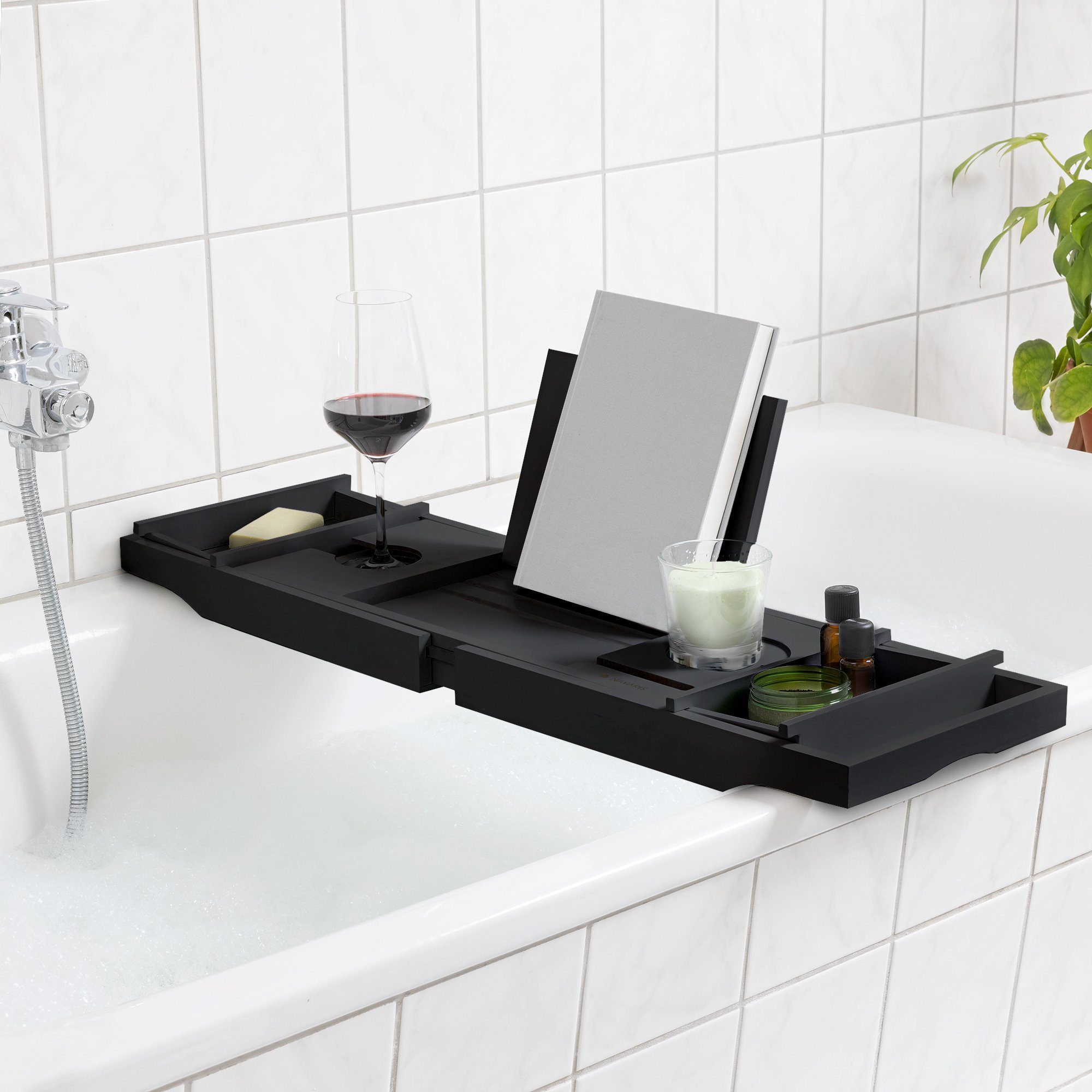 Navaris Badewannenablage Badewannenablage ausziehbar mit Buch- und Weinglas günstig online kaufen