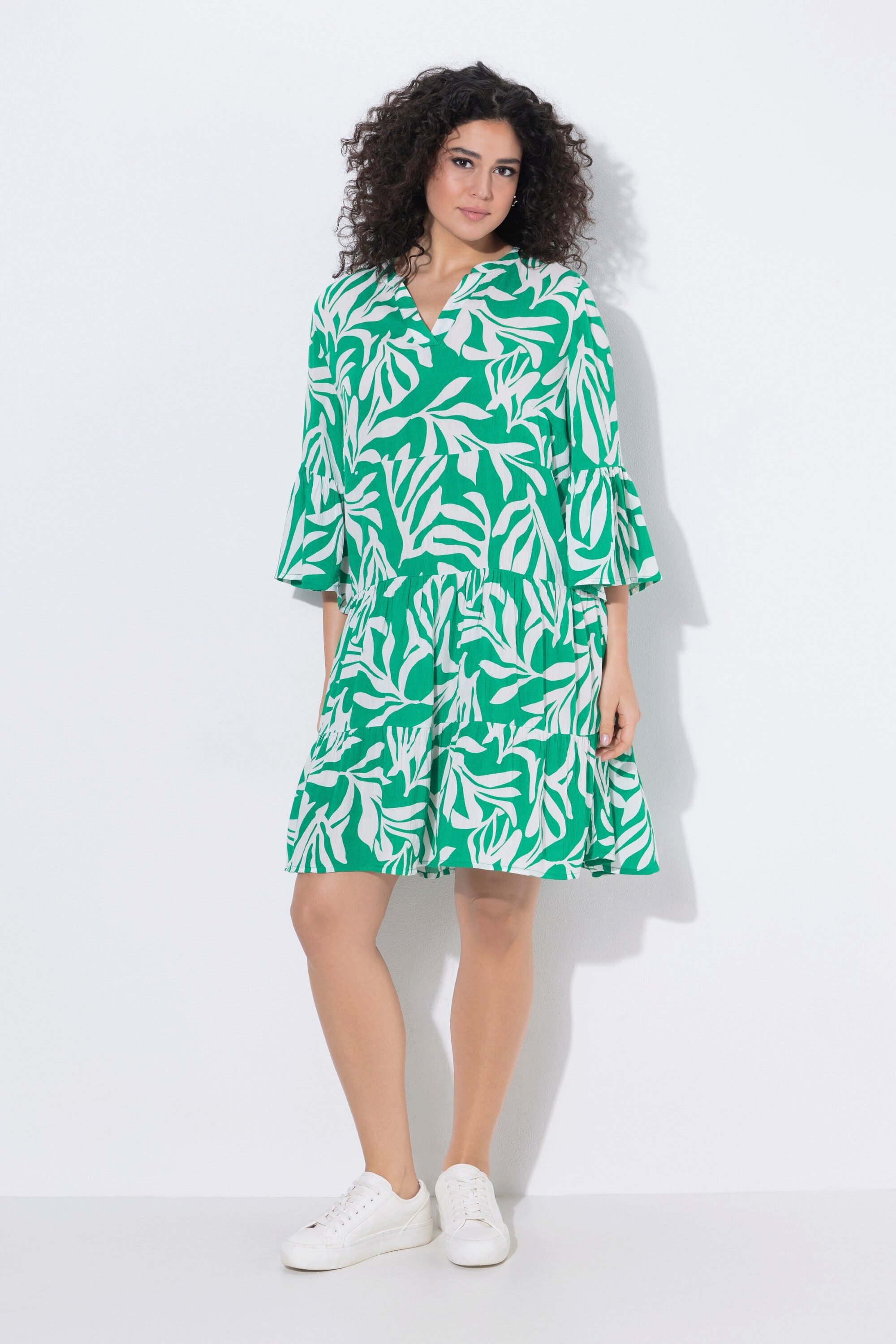 Ulla Popken Midikleid Midikleid A-Linie V-Ausschnitt 3/4-Arm