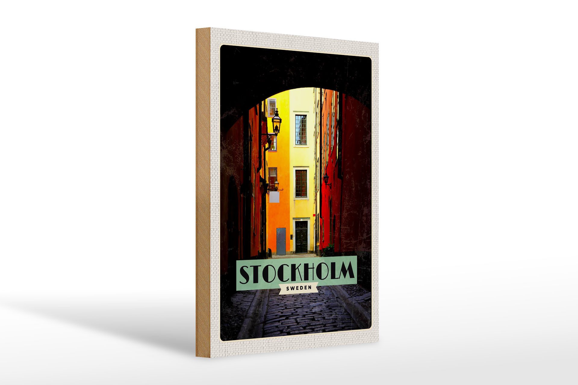 Holzbild Reise 20x30cm Stockholm Schweden Gasse Reise
