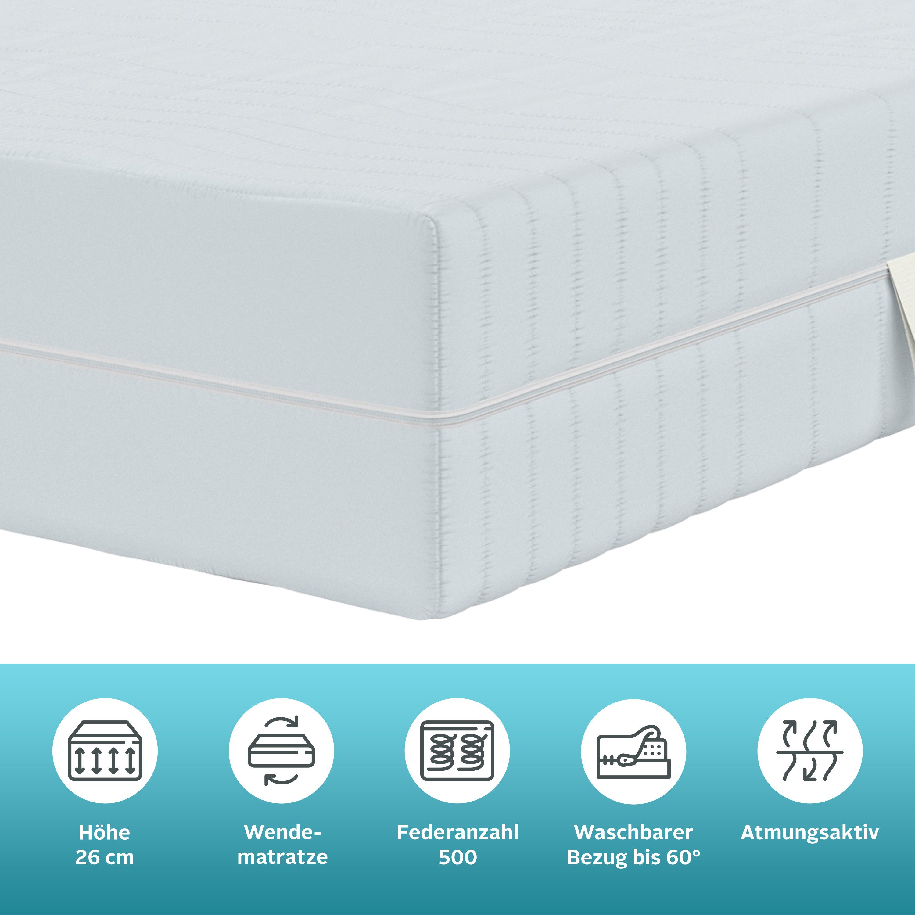 Taschenfederkernmatratze NEUHEIT: Tinden 26, 7 Zonen Matratze 90x200 cm, 140x200 cm & mehr, OTTO home, 26 cm hoch, Wendematratze H2/H3/H4, ergonomisch, 500 Fede – Bild 3 von 5