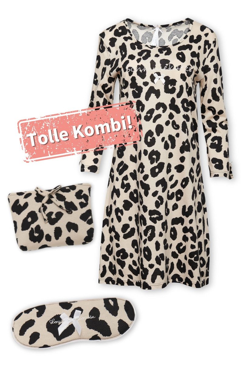 Louis & Louisa Schlafanzug Nachthemd Damen - SCHMUSEKATZE - beige/schwarz