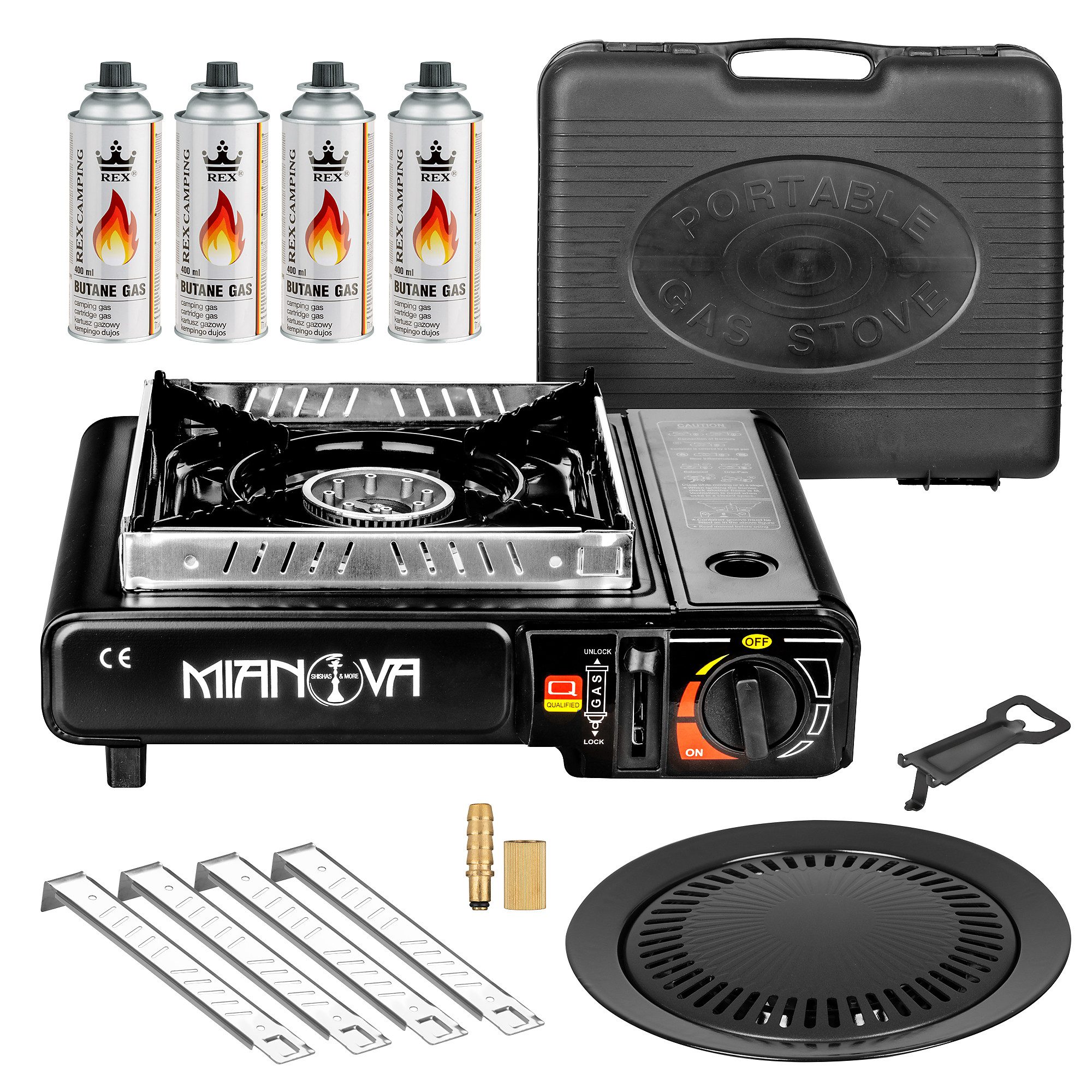 Mianova Gaskocher Campingkocher 2in1 LPG Anschluss + 4 Gaskartuschen + Grillplatte, (Outdoor Gaskocher mit Adapter, Tragekoffer und Piezzo-Zündung), Notfallkocher Campinggrill Tischgrill Campingherd
