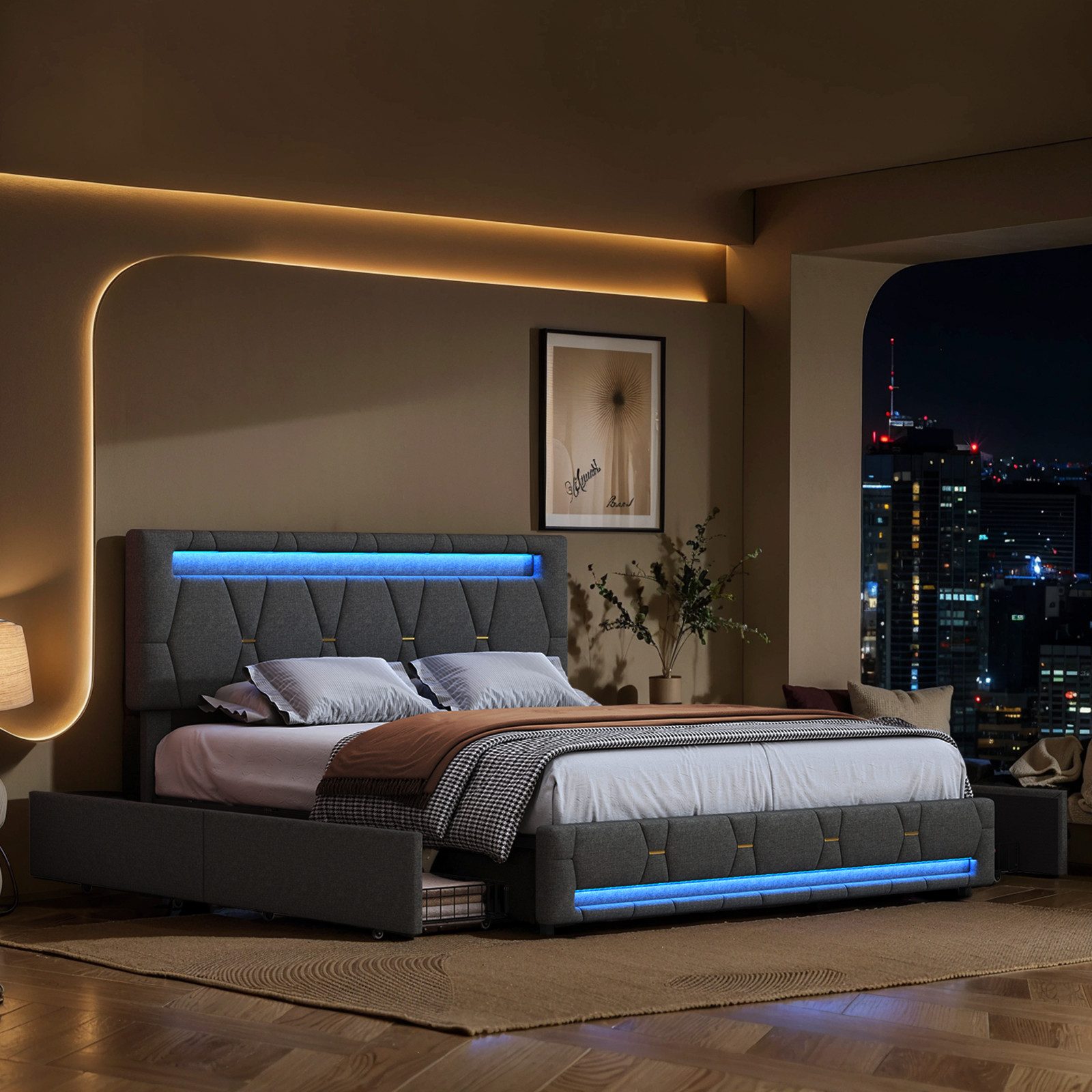 FUROKOY Polsterbett LED Licht Doppelbett Jugendbett, günstig online kaufen