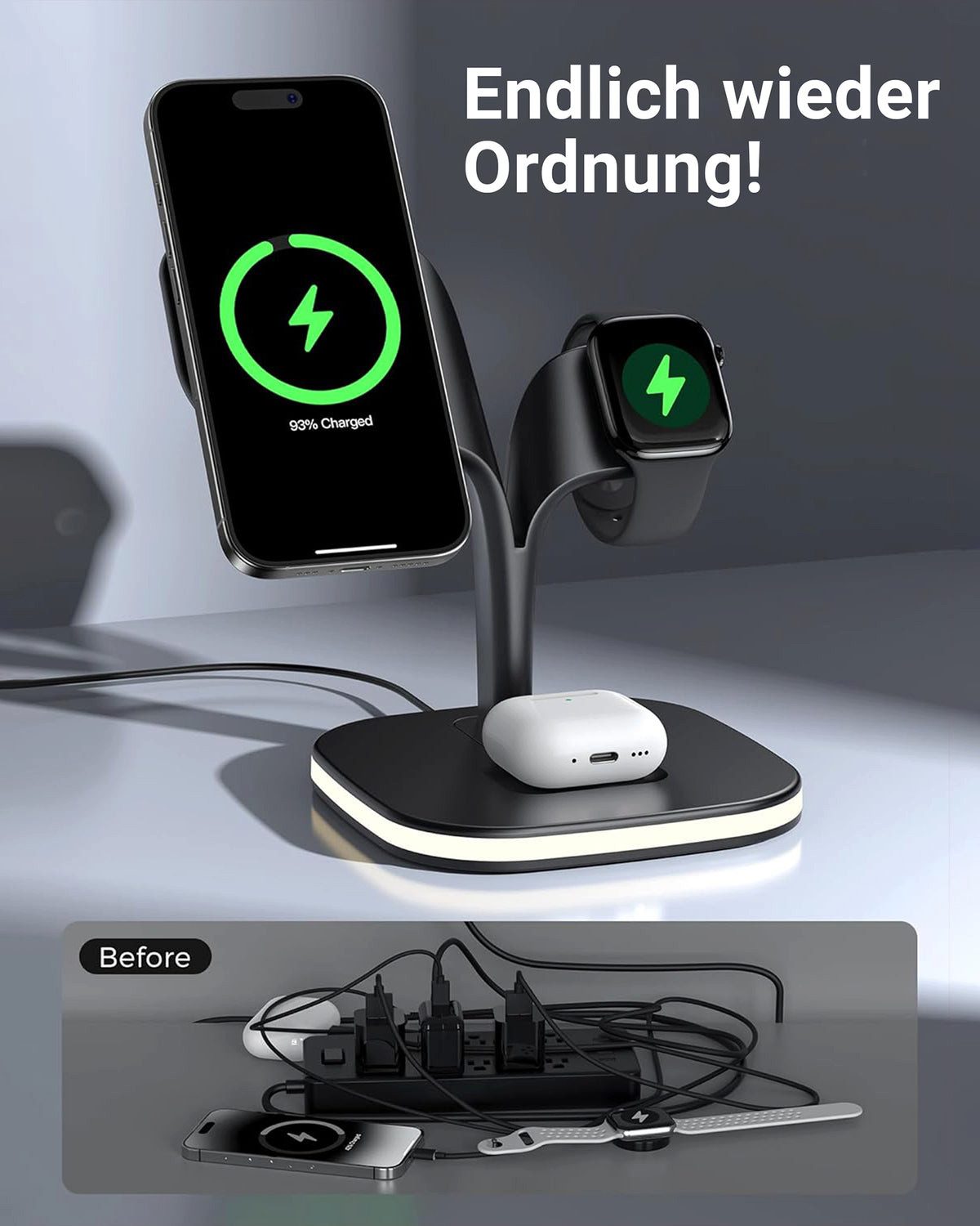 GreenHec Ladestation 3in1 MagSafe Ladegerät Kabellos Induktiv Charger Stand Wireless Charger (3 mA, Spar-Set, 3in1 PowerBase + USB-C Kabel + 20w Dual Charger, i – Bild 5 von 5