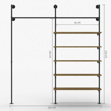 pamo. design Kleiderständer FRIDA, (Mit 5 Regalbrettern aus Eichenholz), Offener Kleiderschrank zur Wandmontage mit großem Wandregal